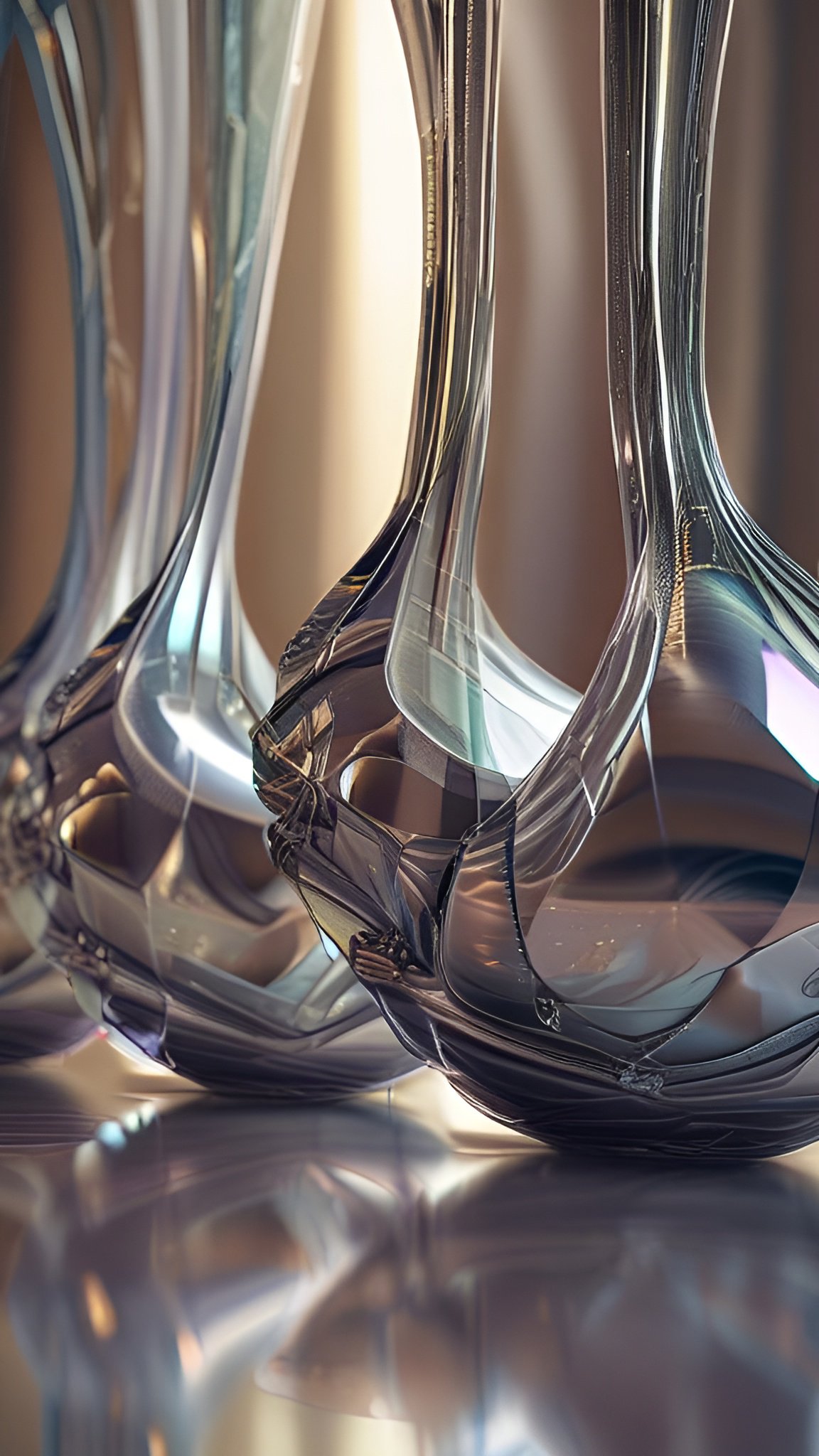 Abstract close-up of two clear glass vases with long necks on a glossy surface