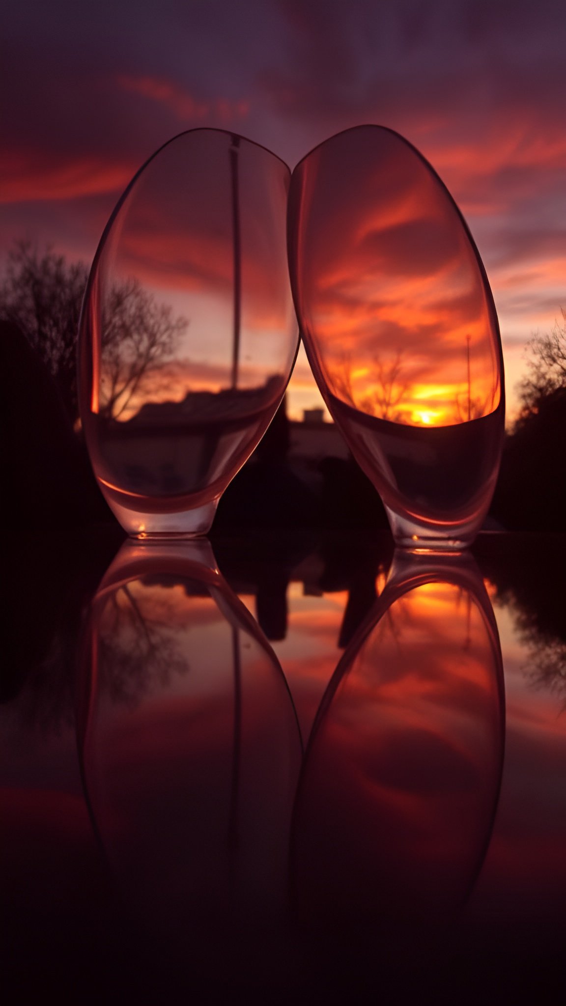 Two glass sculptures reflecting a vibrant sunset sky