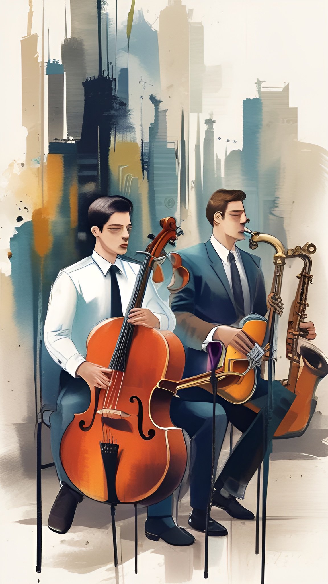 A watercolor painting style of two men in shirts and ties, one with a cello and one with a saxophone, before a city wash in blue and gold