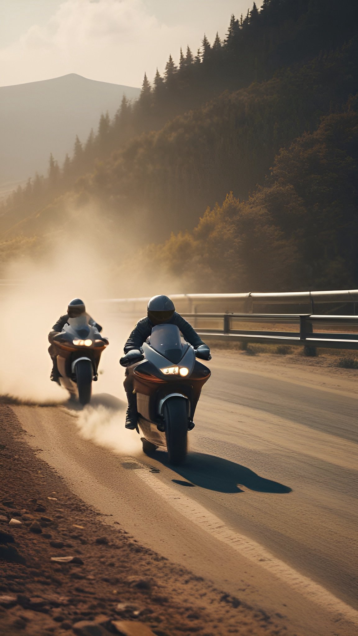 Photo of two men on sportbikes on a mountain highway by a pine forest