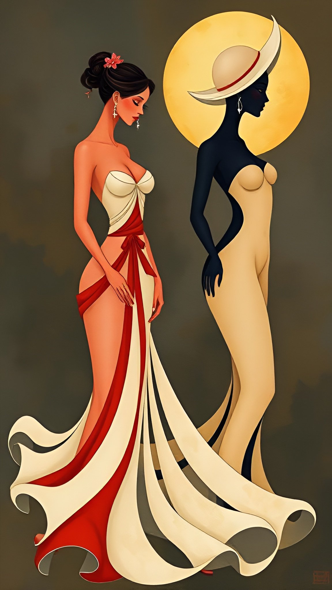 Painting of two women, one in a white and red gown and one in a wide hat under a gold moon