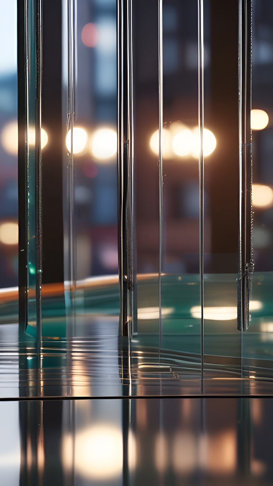 An abstract image of vertical glass rods on a reflective teal surface with warm bokeh city lights