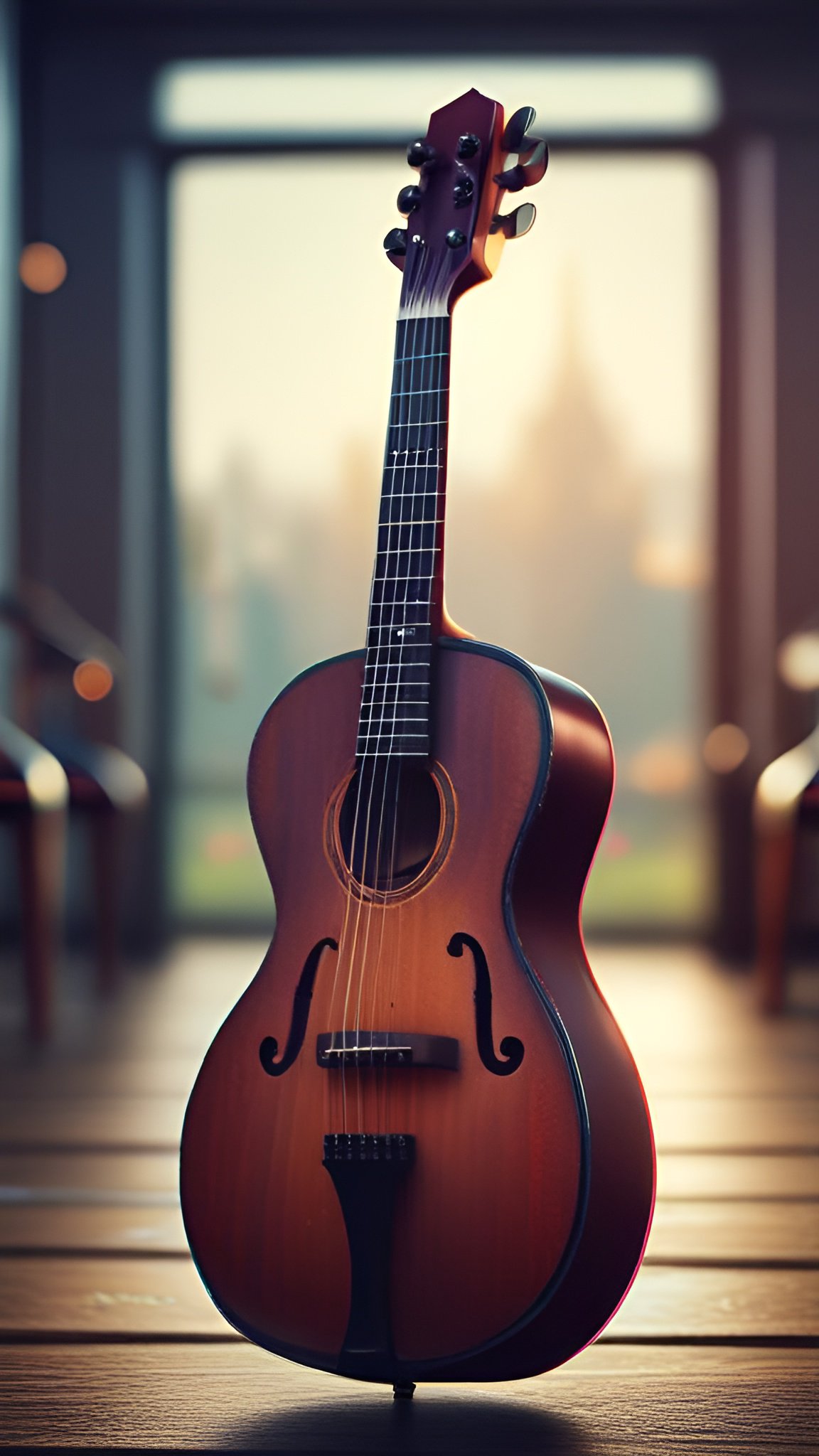 Photo of a walnut brown acoustic guitar with f-holes on a wood floor by a window