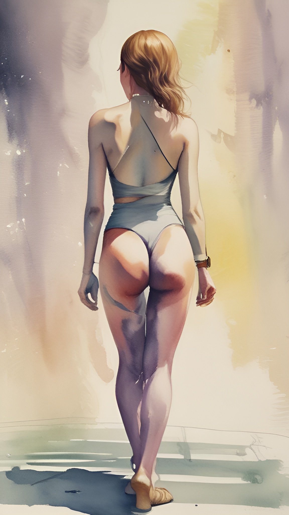 Watercolor painting of beautiful redhead woman in gray swimsuit from behind