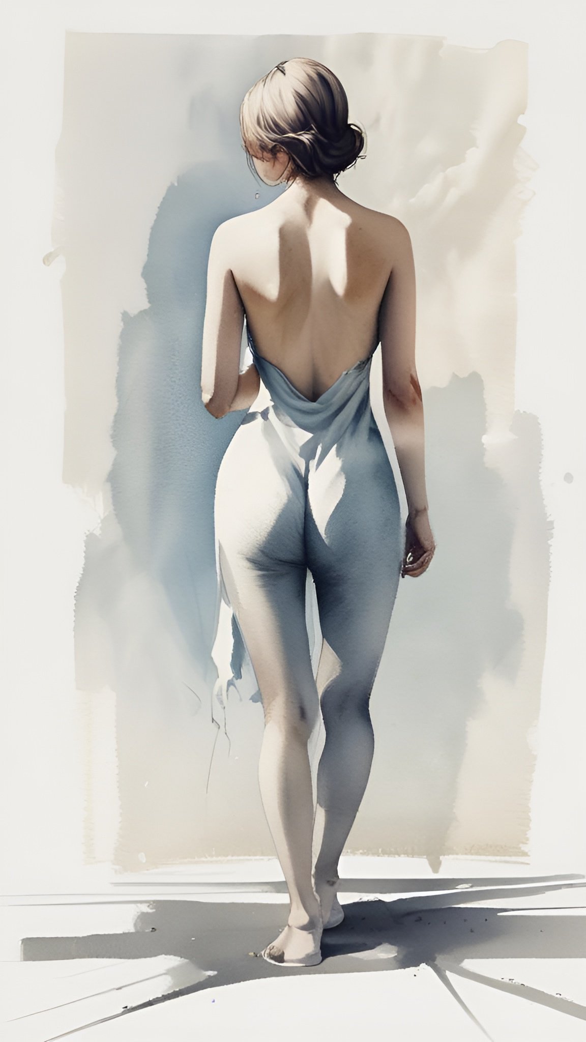 A watercolor painting style woman in a blue drape, seen from the back