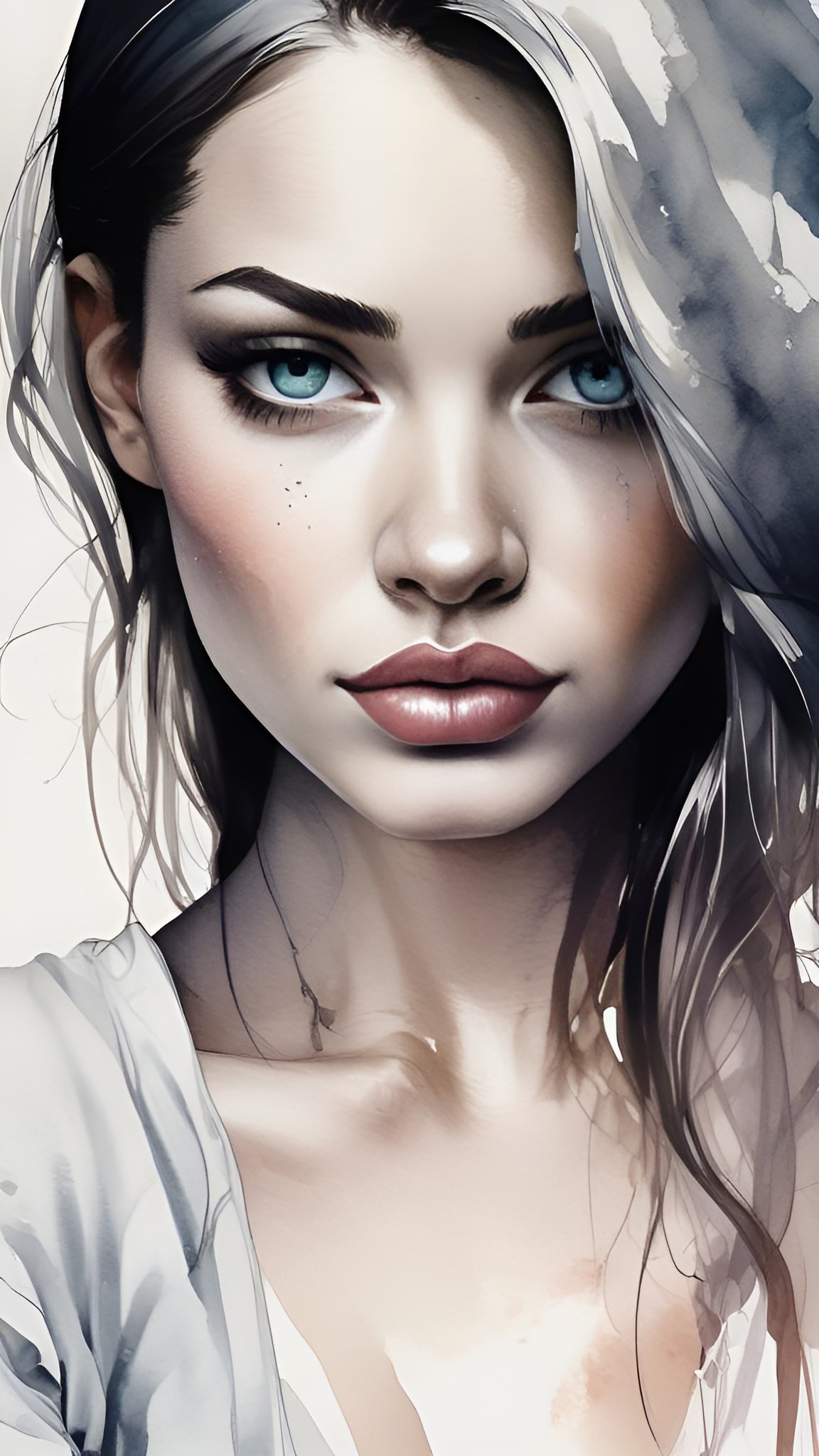 Watercolor painting style close up portrait of a pretty woman with striking blue eyes and cute freckles