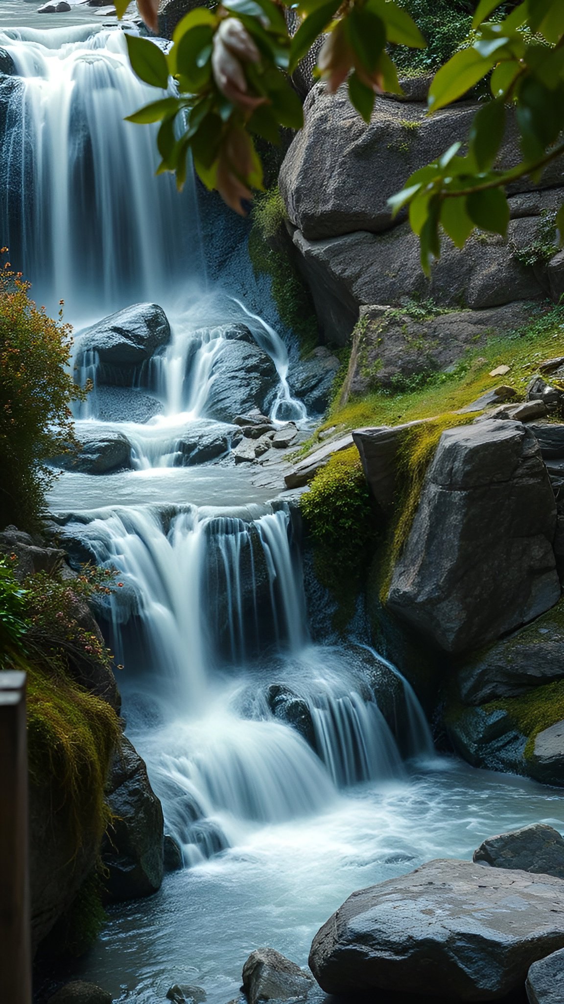 Cascading waterfall over dark rocks with green moss and surrounding vegetation