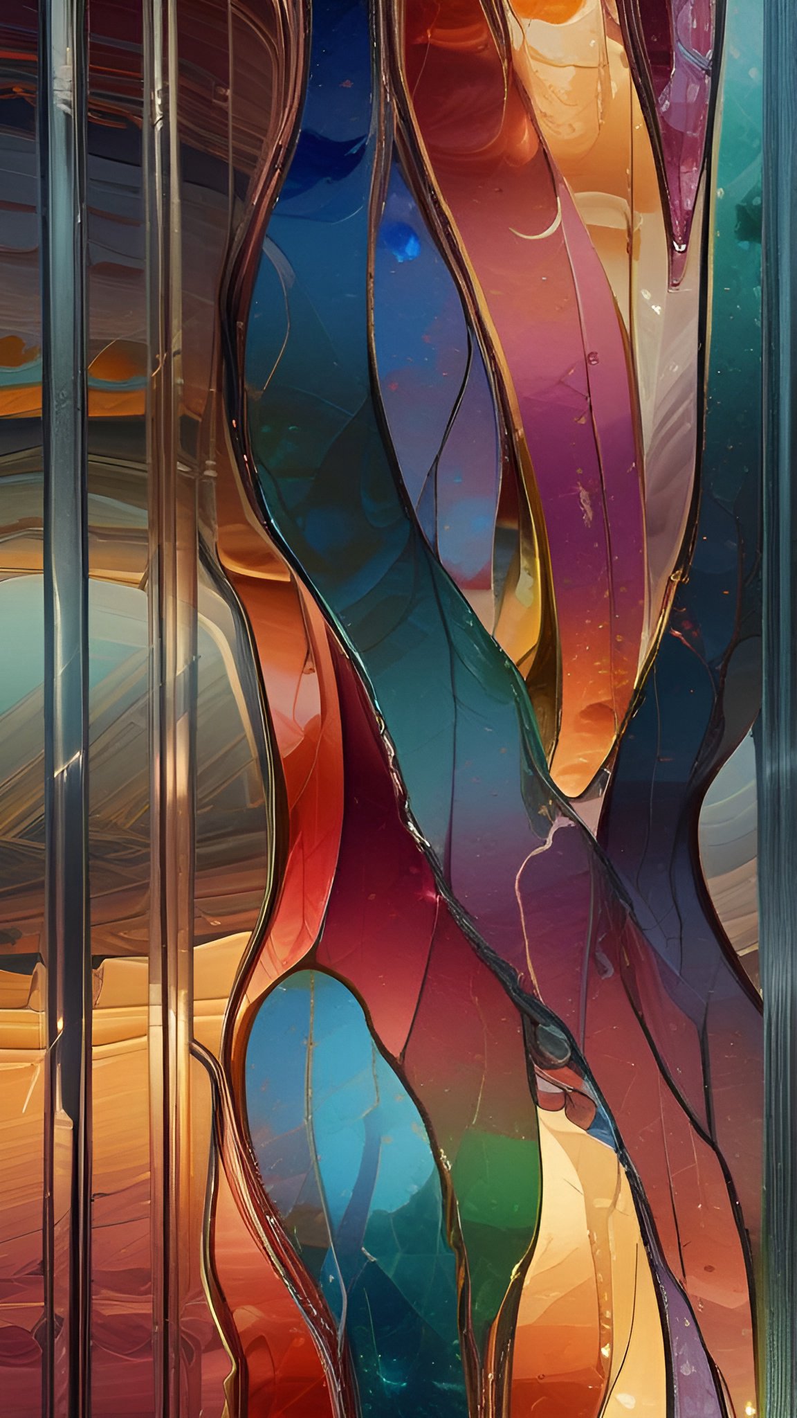 Abstract art of glossy wavy glass panels in teal blue magenta and gold