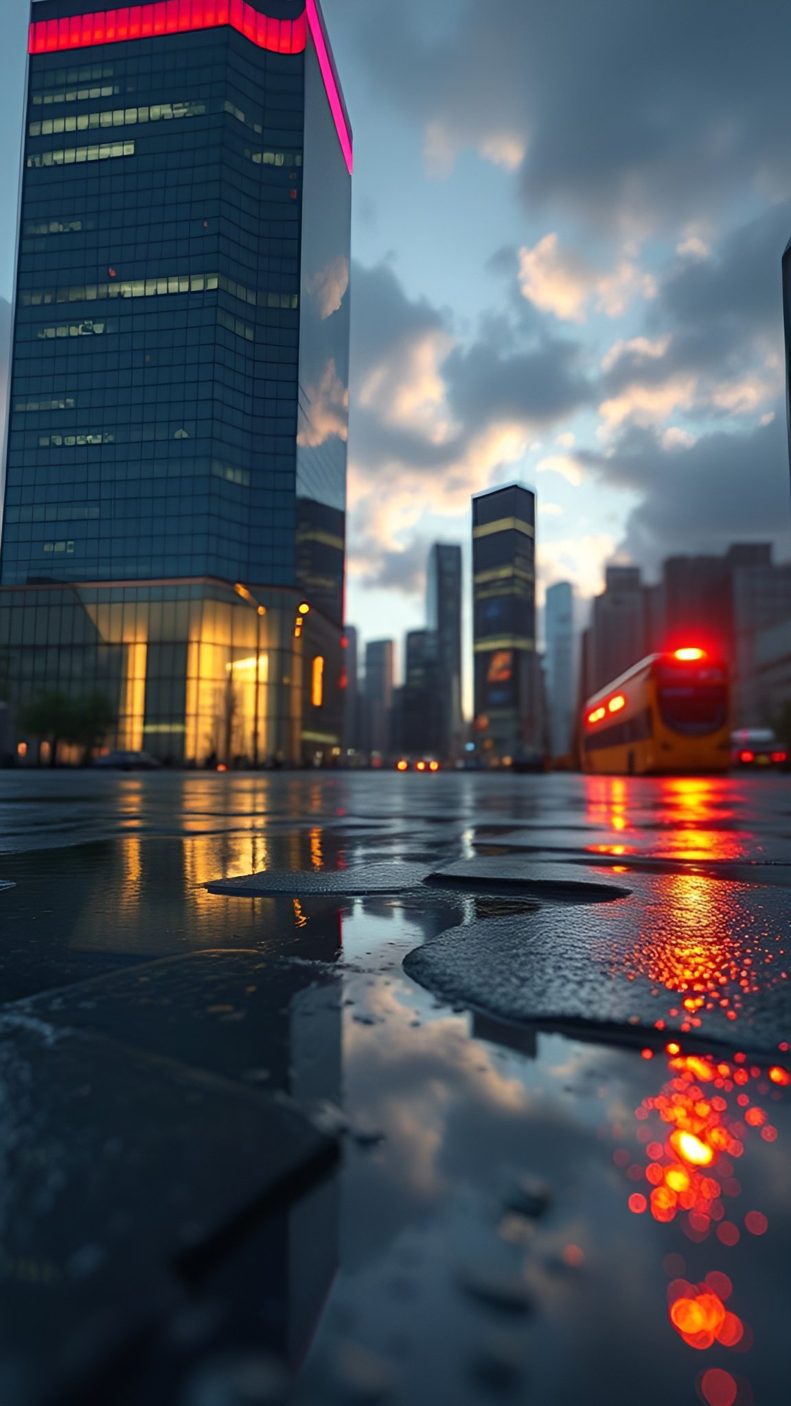 Rain-soaked futuristic city street at dusk with glowing skyscrapers and reflections