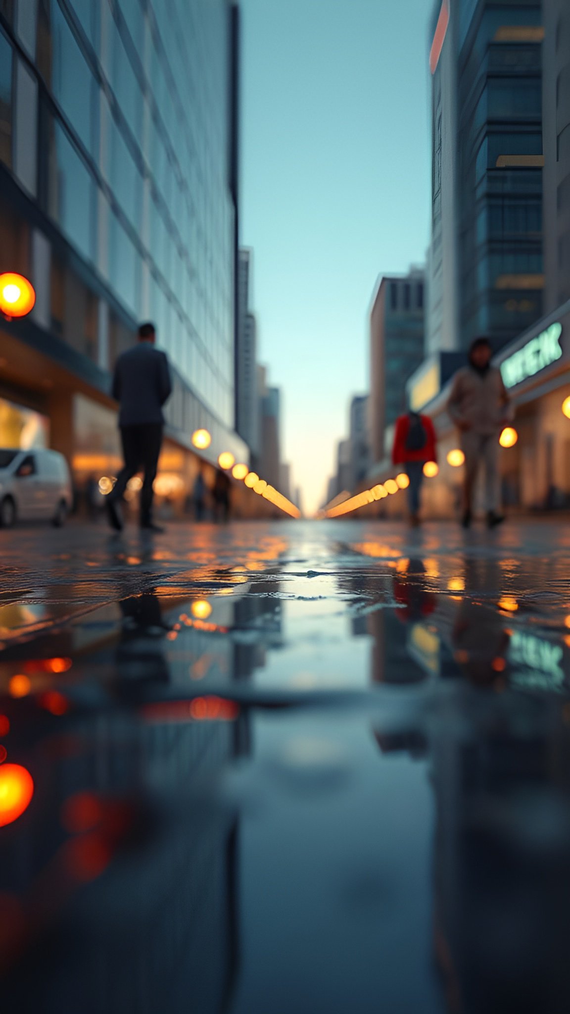 Rain-soaked city street at sunset with glowing reflections and an artistic photography silhouette