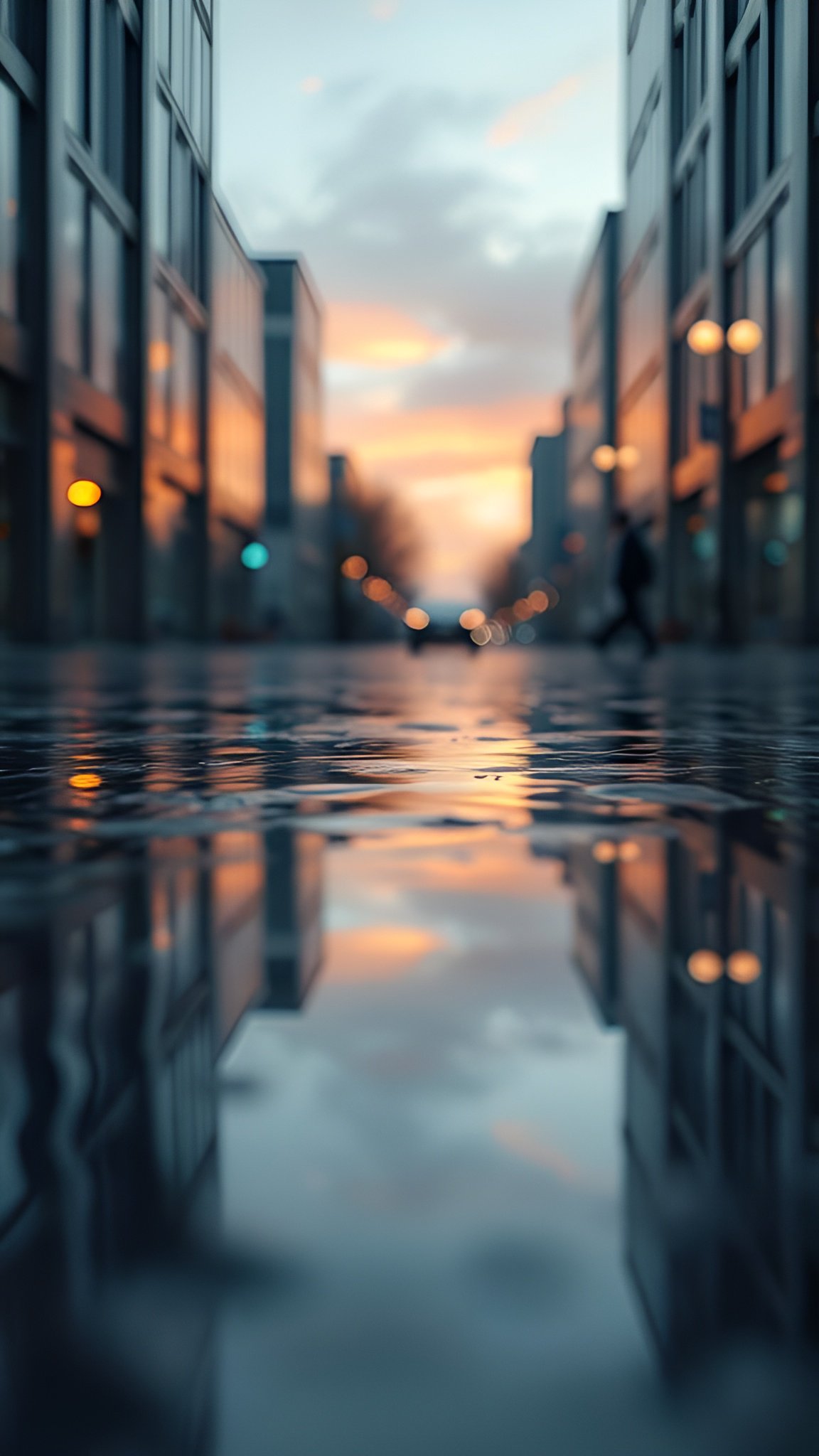 Wet city street at sunset with reflections in puddles showing modern buildings and walking people