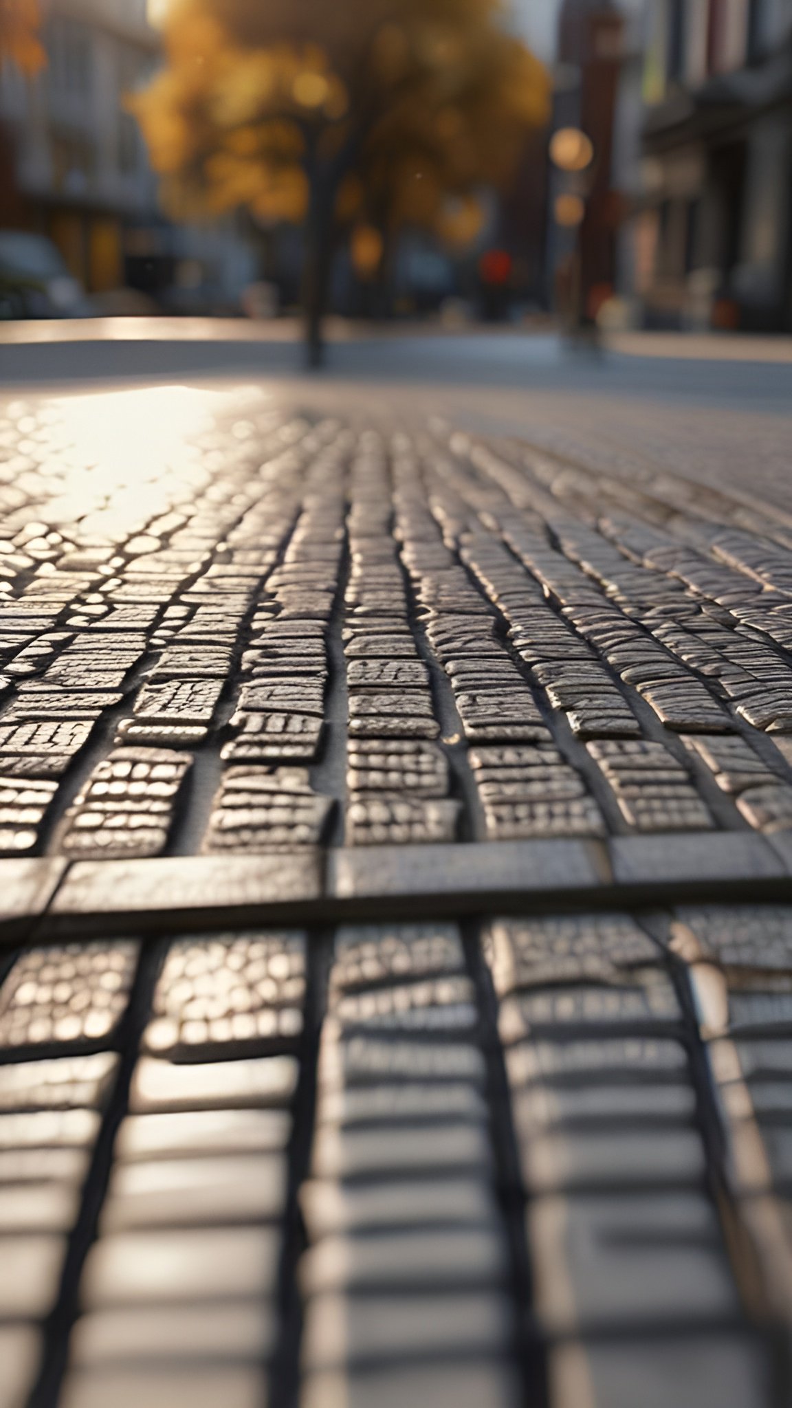 A creative photograph of wet gray cobblestones on a city street with a yellow autumn tree and shop fronts