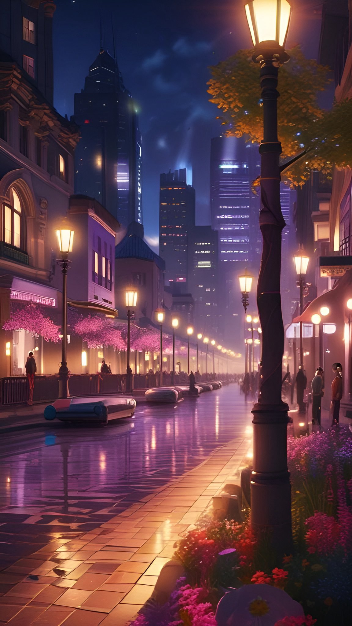 Painting of a wet night city street with pink cherry blossom trees and blue skyscrapers