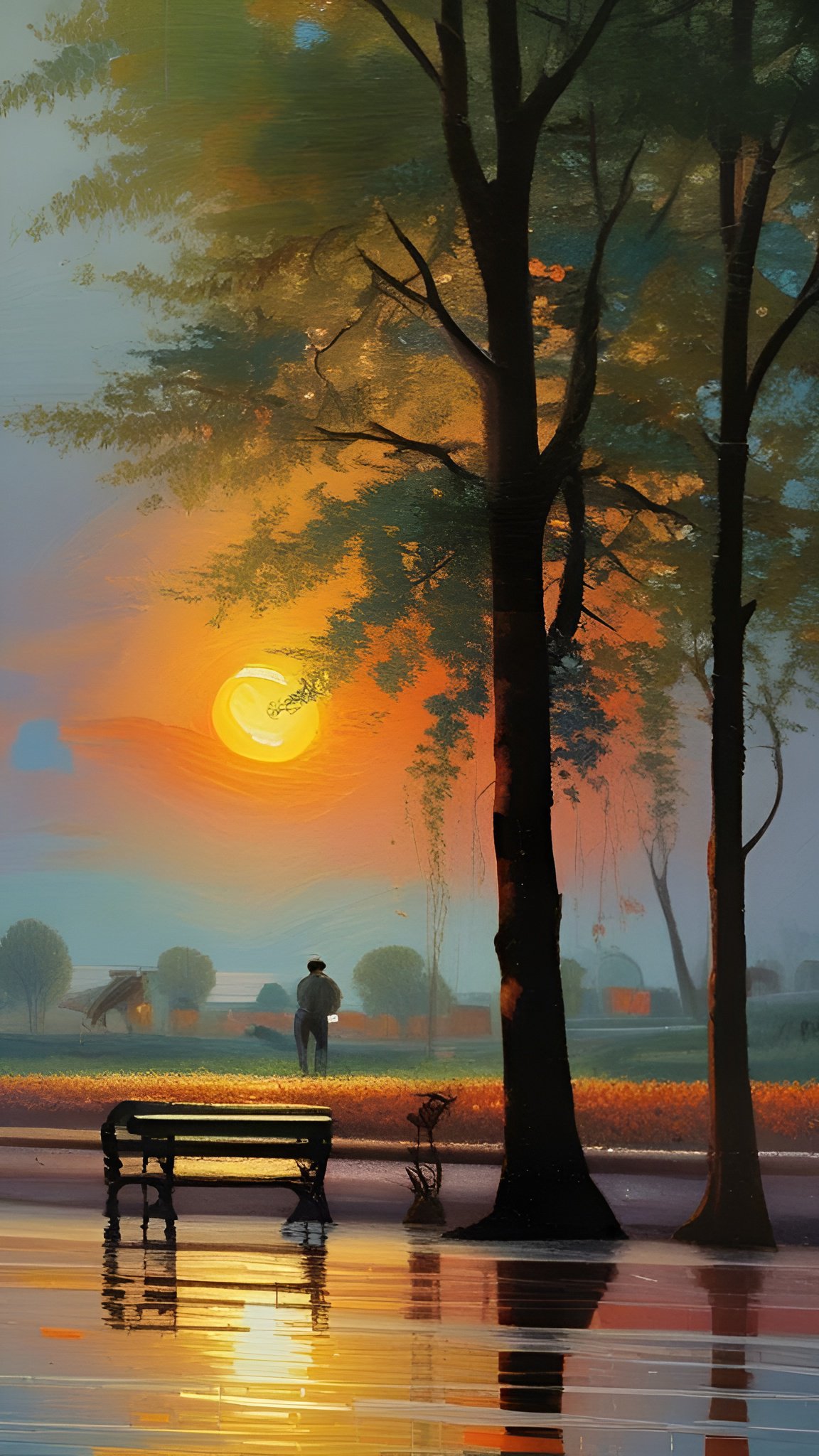 An oil painting style of a wet park path with a dark bench, tall trees, and an orange sun with gold sky on the pavement