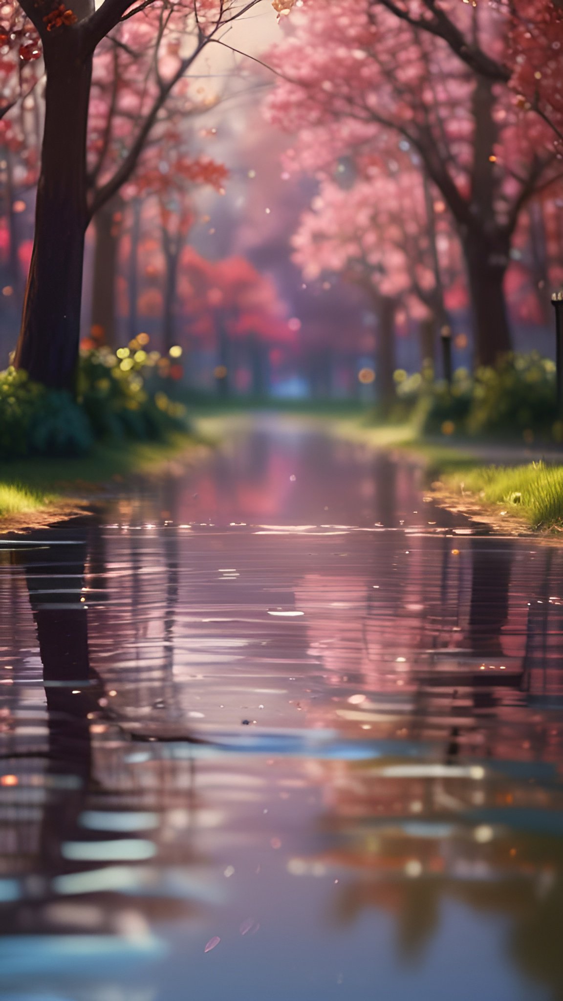 Photo of a wet park path under pink cherry blossom sakura trees with green grass