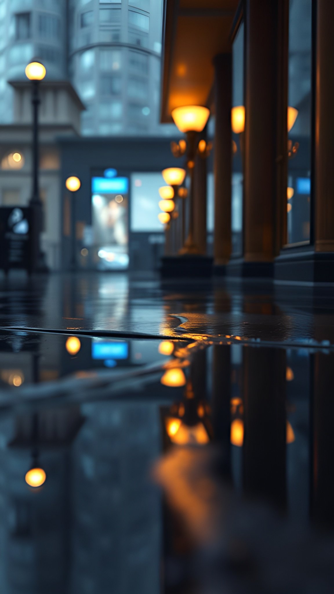 Rain-drenched city pavement mirroring warm shop windows and street lamps at night