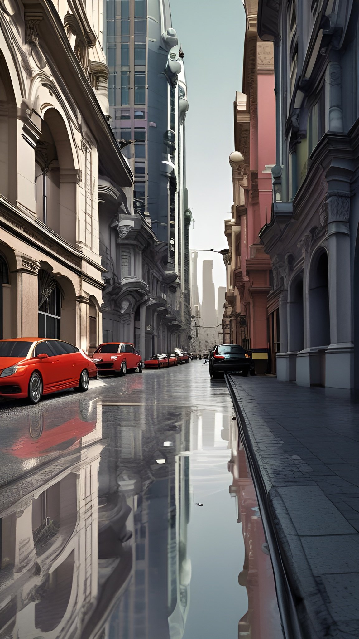 Urban photograph of wet city street pavement with reflections of classic buildings modern towers and red cars parked