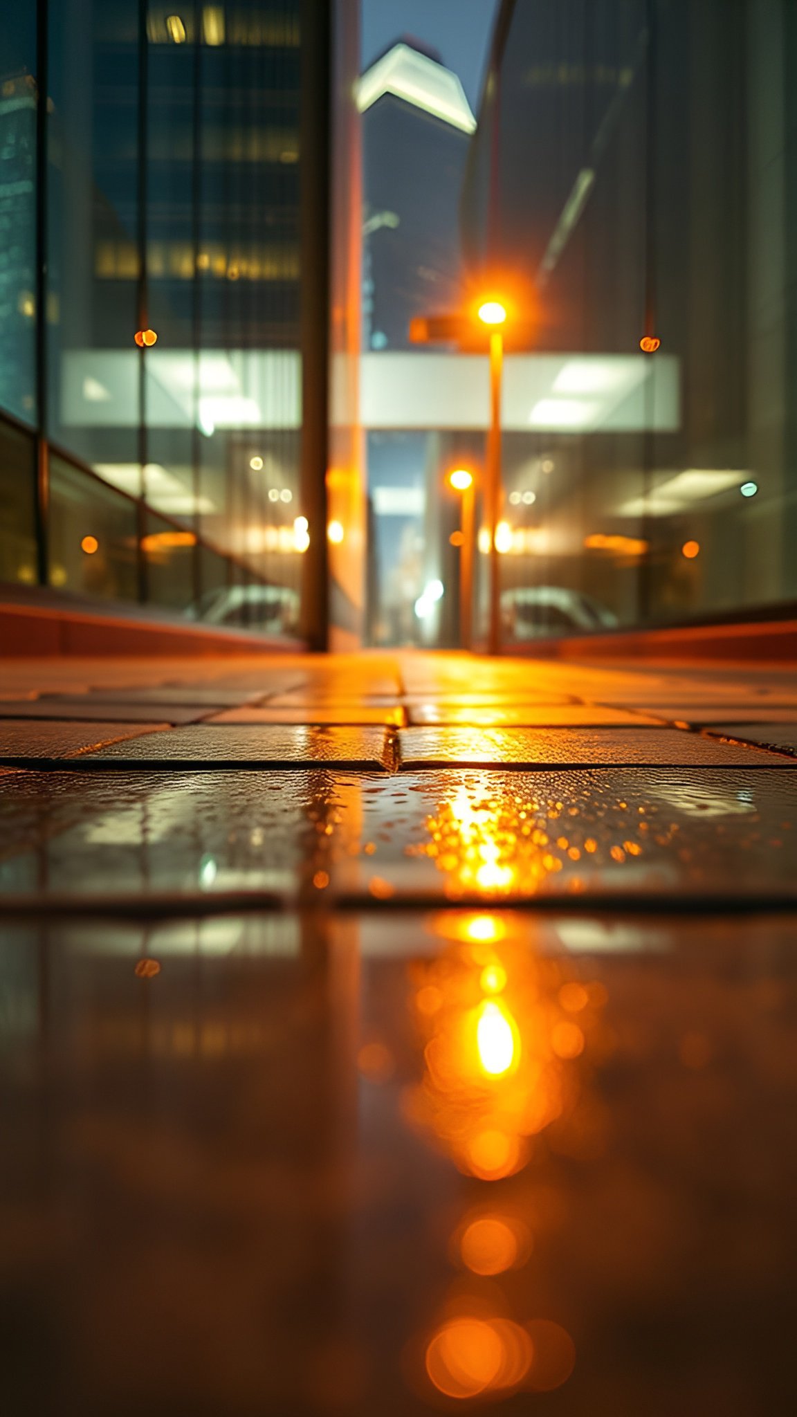 Wet urban street at night with reflections of city lights
