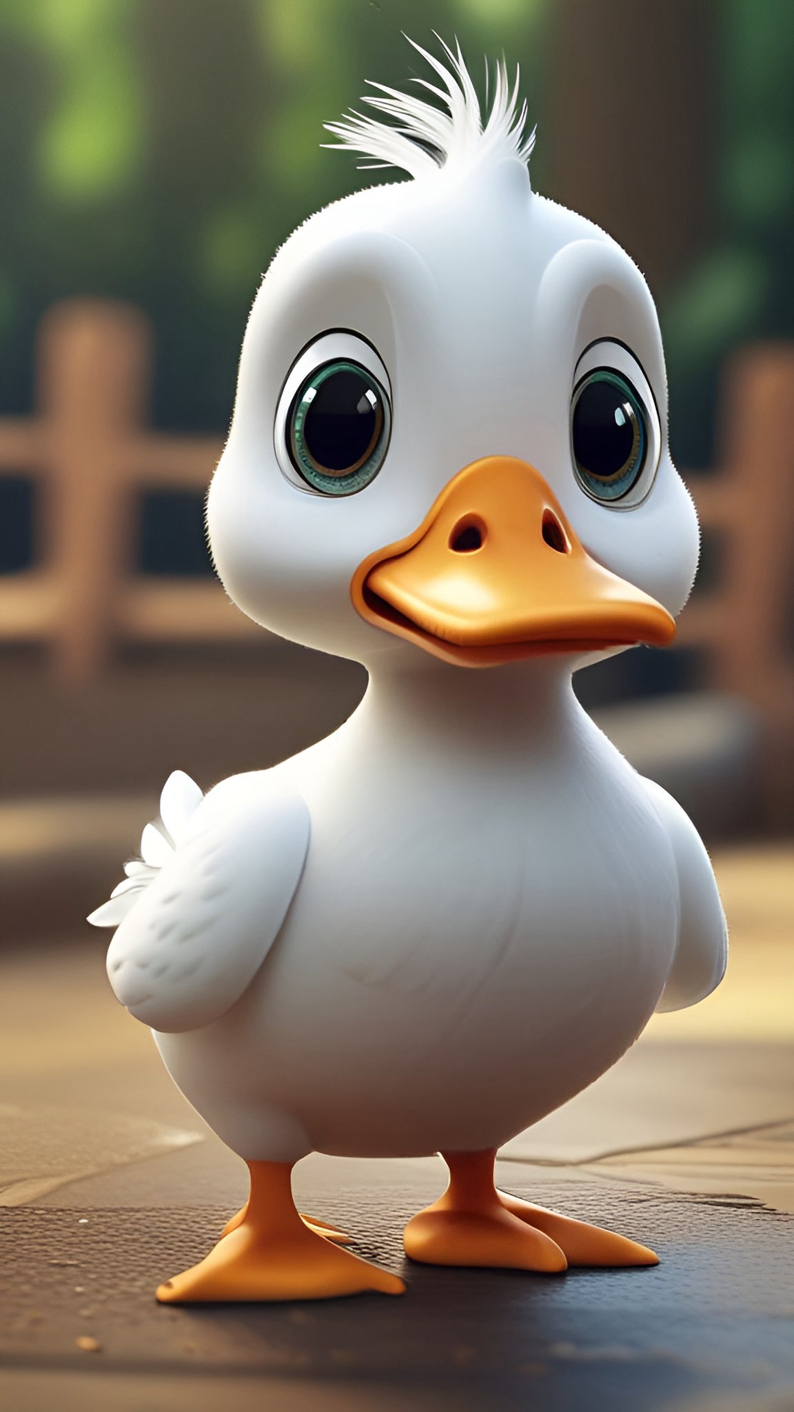 Cartoon image of a white duckling with an orange beak standing on pavement