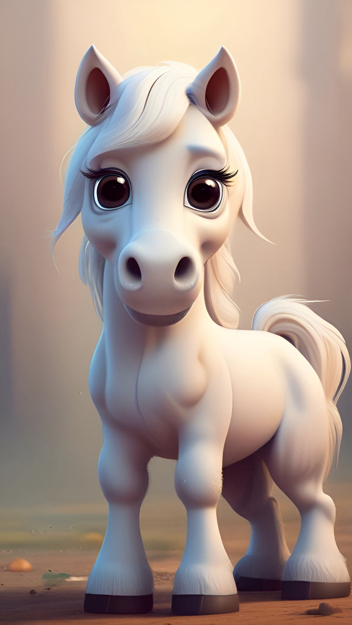 Cartoon of a white horse standing on sandy ground with large brown eyes