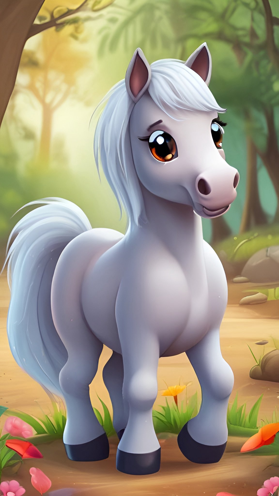 Cartoon image of a white pony standing on a forest path