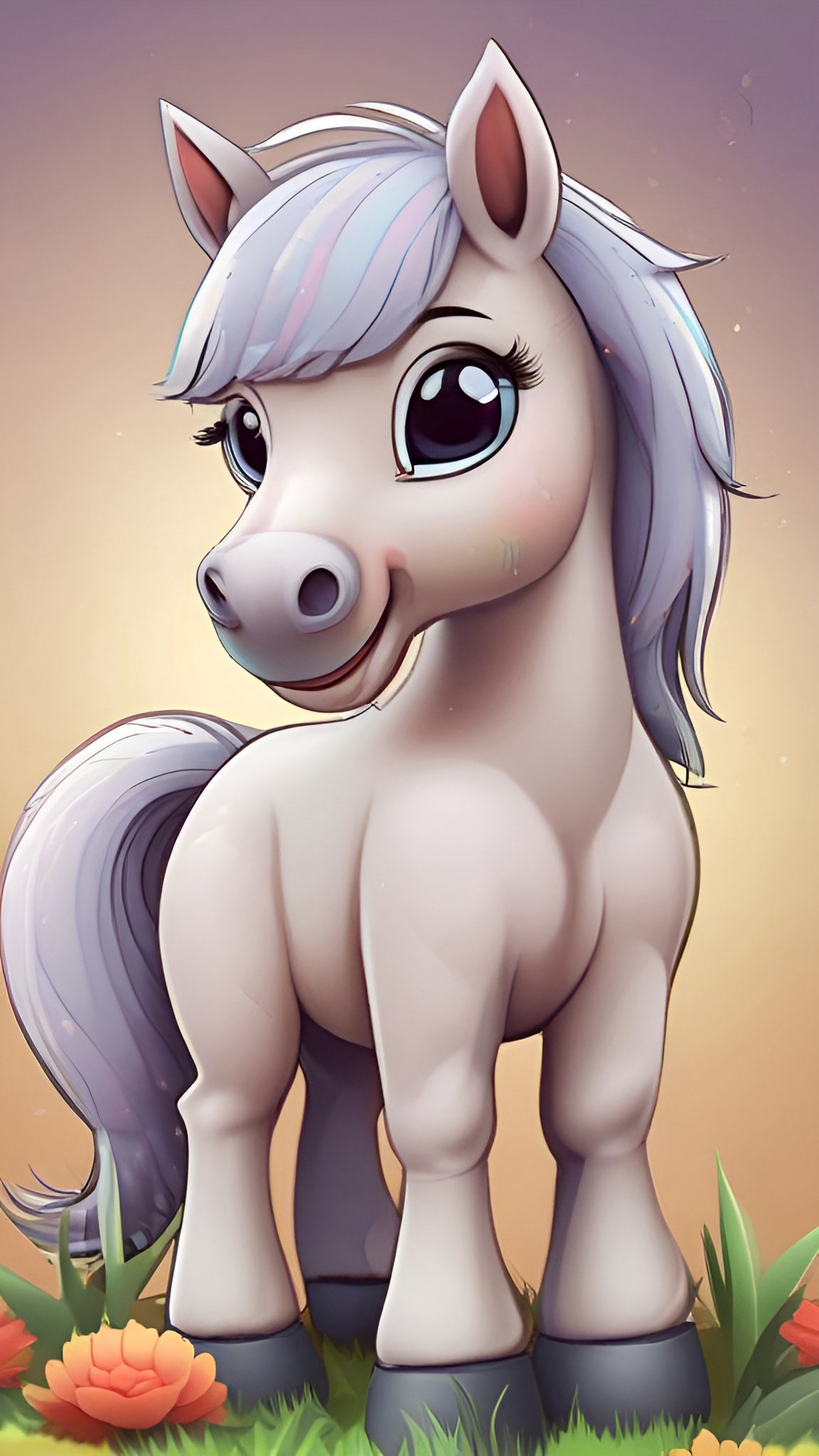 Cartoon image of a white pony standing in grass with orange flowers