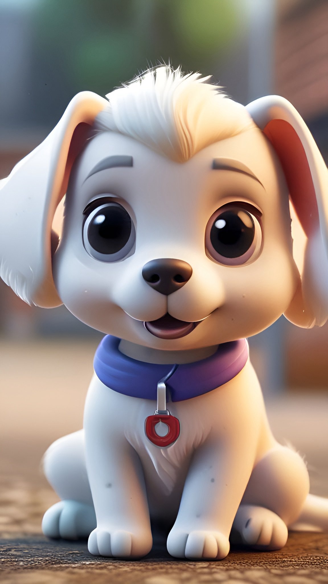 Cartoon image of a white puppy sitting in a purple collar