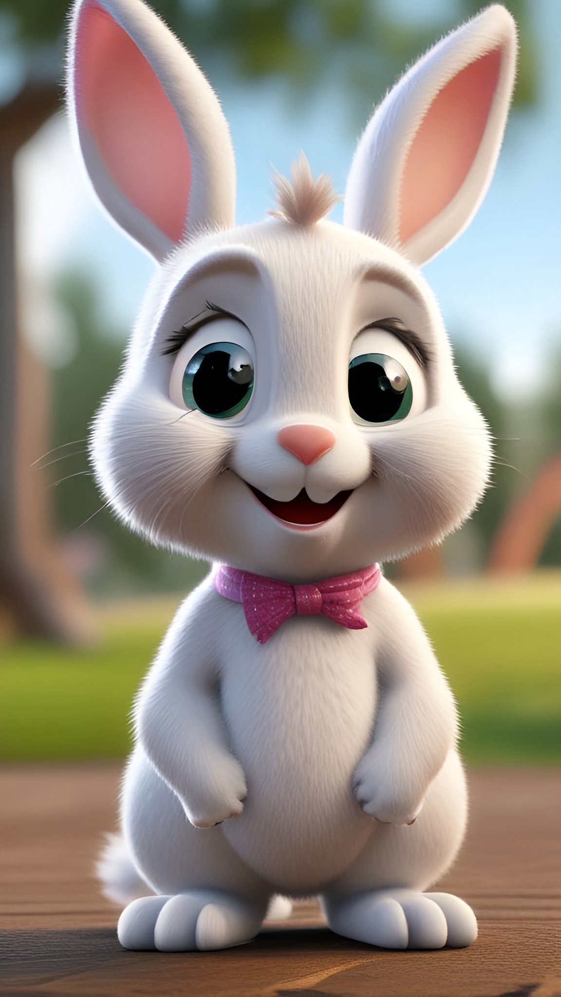 Cartoon of a white rabbit with green eyes and a pink bow tie standing on wood
