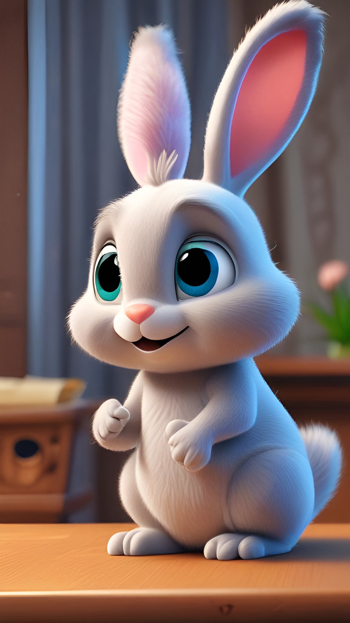Cartoon image of a white rabbit sitting on a wood table with paws raised