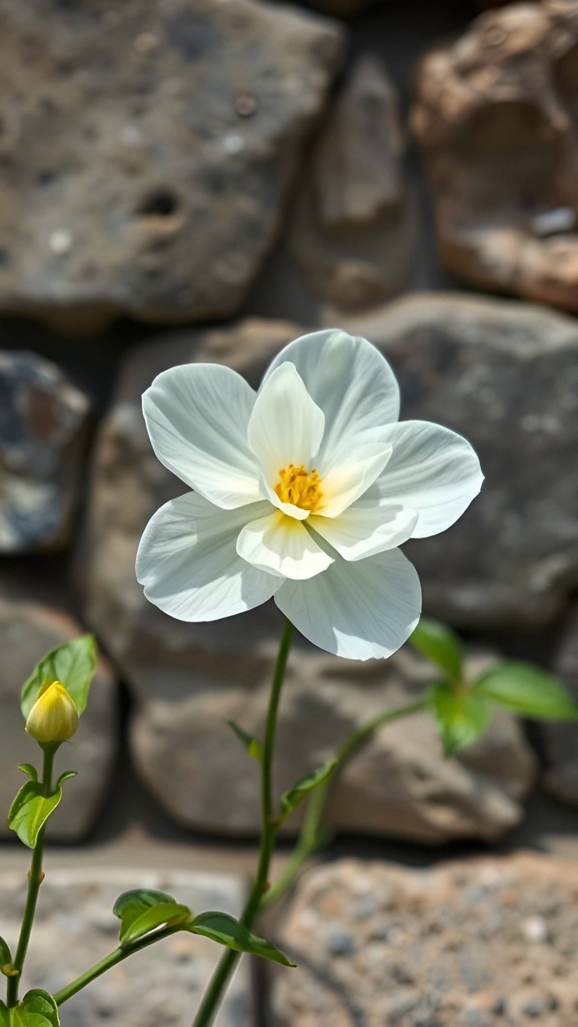 White flower with yellow center against stone wall background