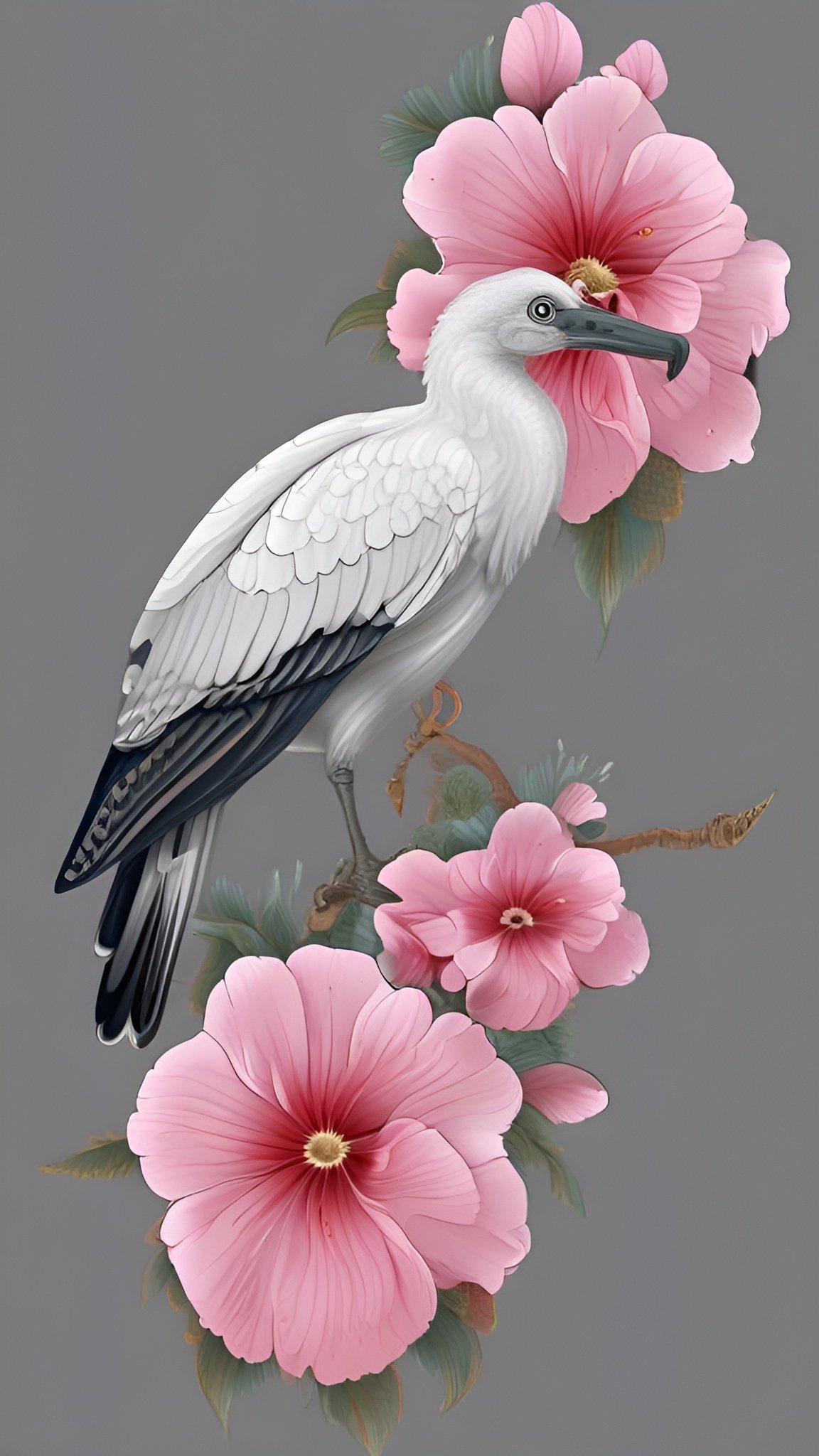 Painting of a white ibis-style bird among large pink hibiscus flowers