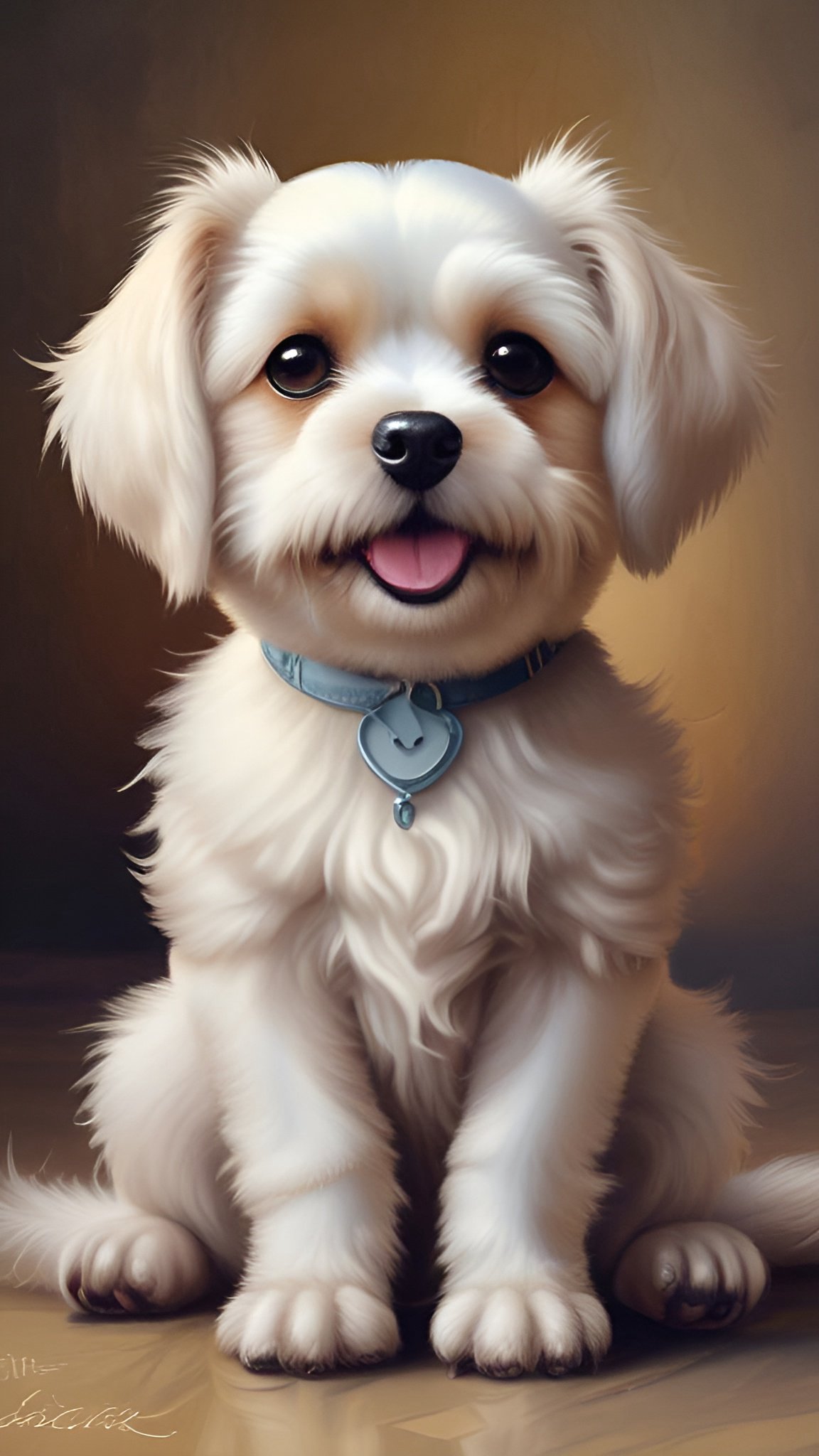 Painting of a small white Maltese-style puppy sitting in a light blue collar