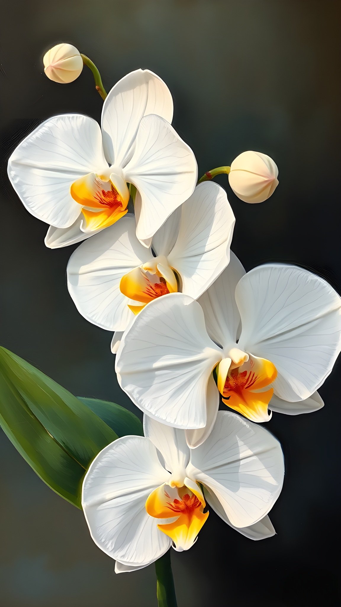 White orchids with yellow centers on green stems against dark background