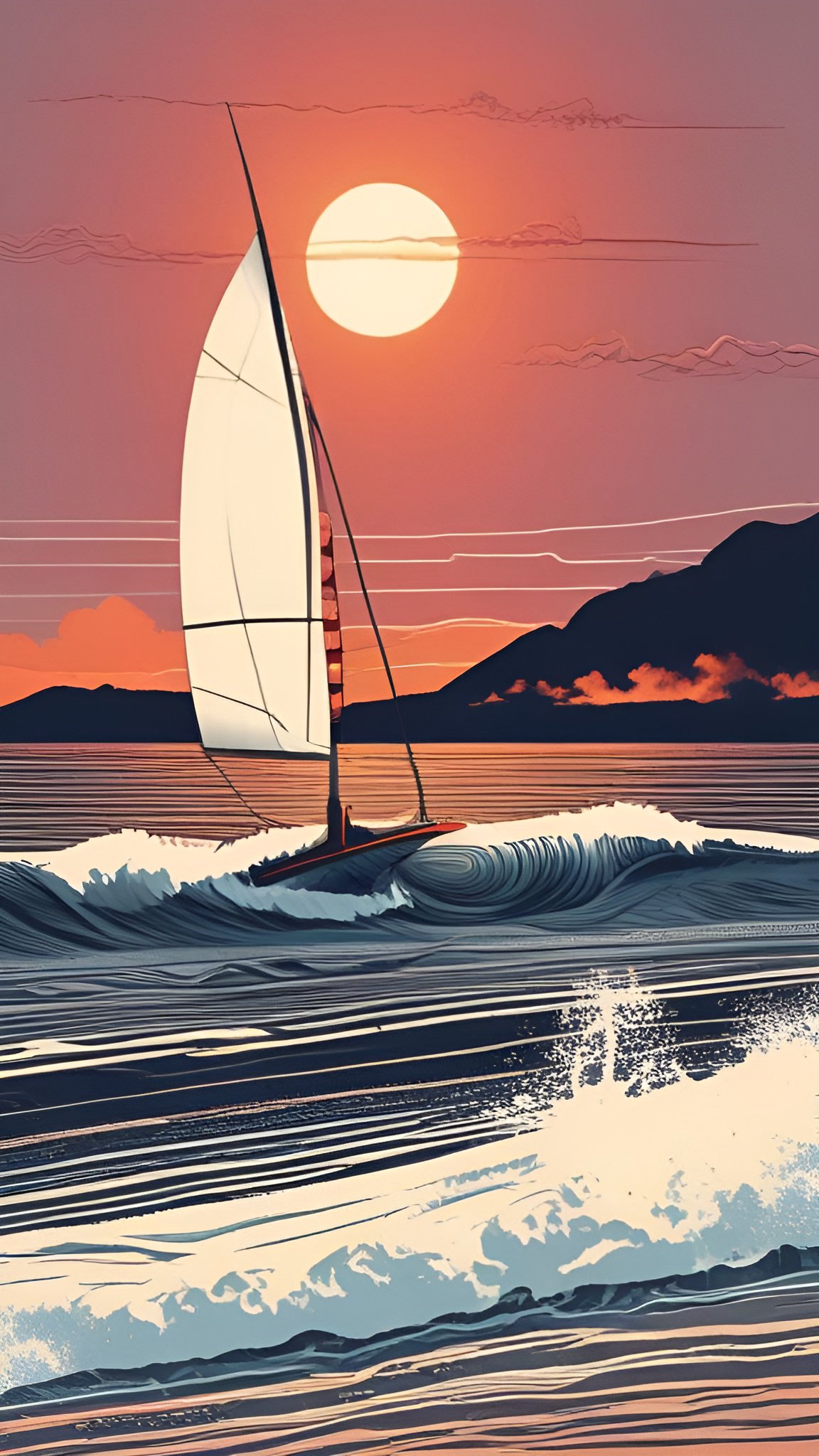 A poster art of a white sail boat on ocean waves at sunset with a pale sun, dark hills, and white foam