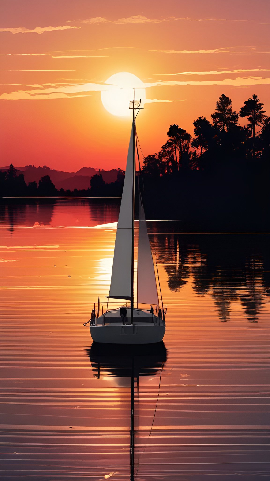 A poster art of a white sail boat facing the camera on a still lake at sunset with pine silhouettes and a large pale sun