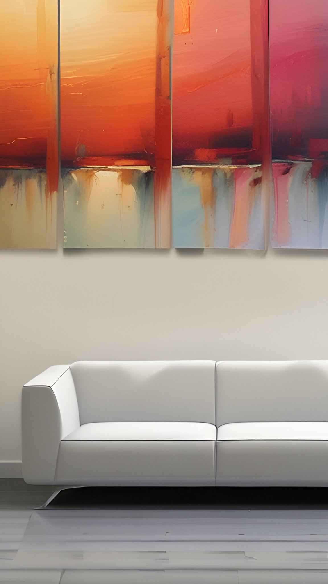 Modern art in a living room with a white sofa under a sunset triptych painting