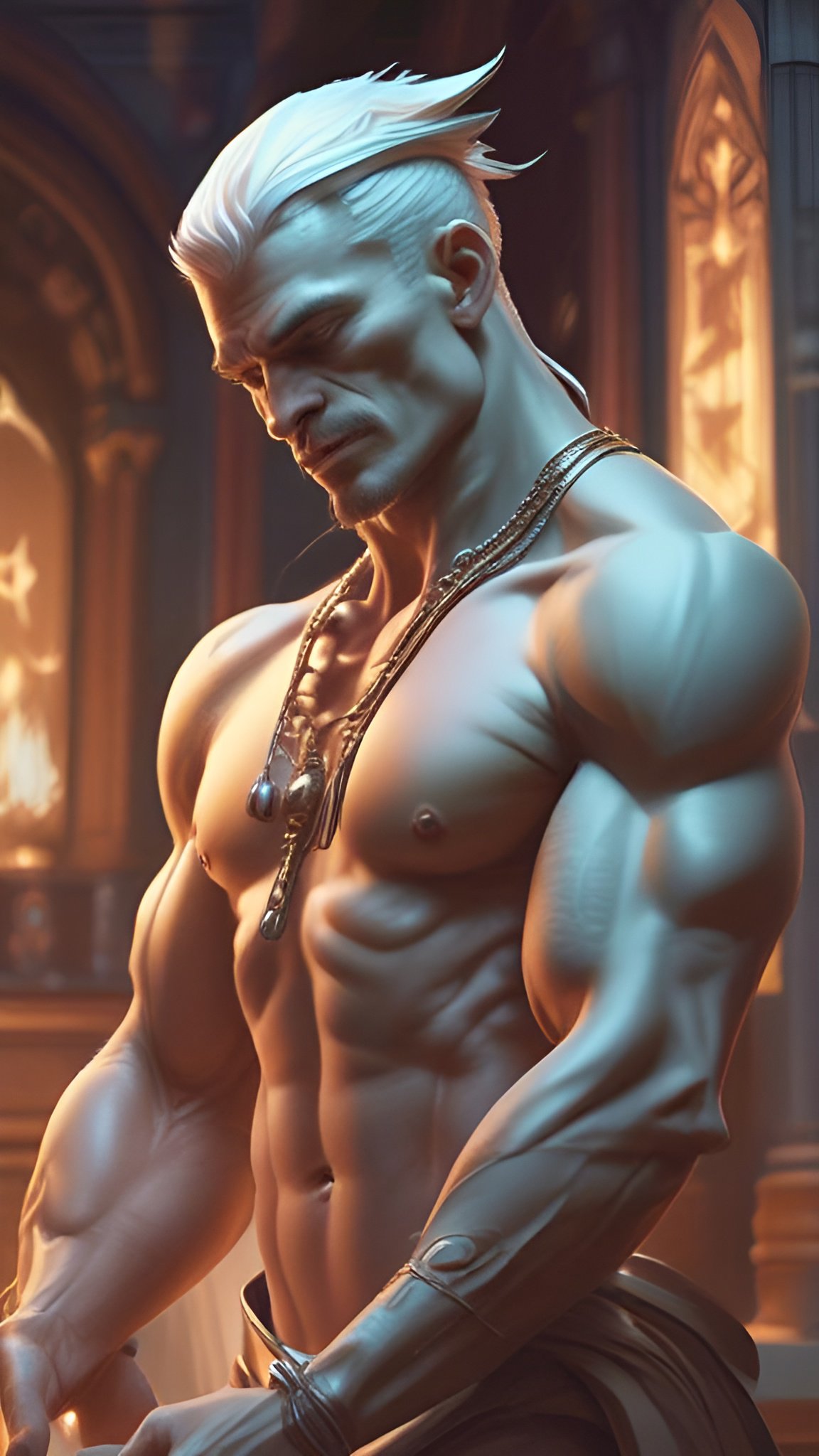 Male figure art with a white stone sculpture of a muscular fantasy warrior with gold chain in temple