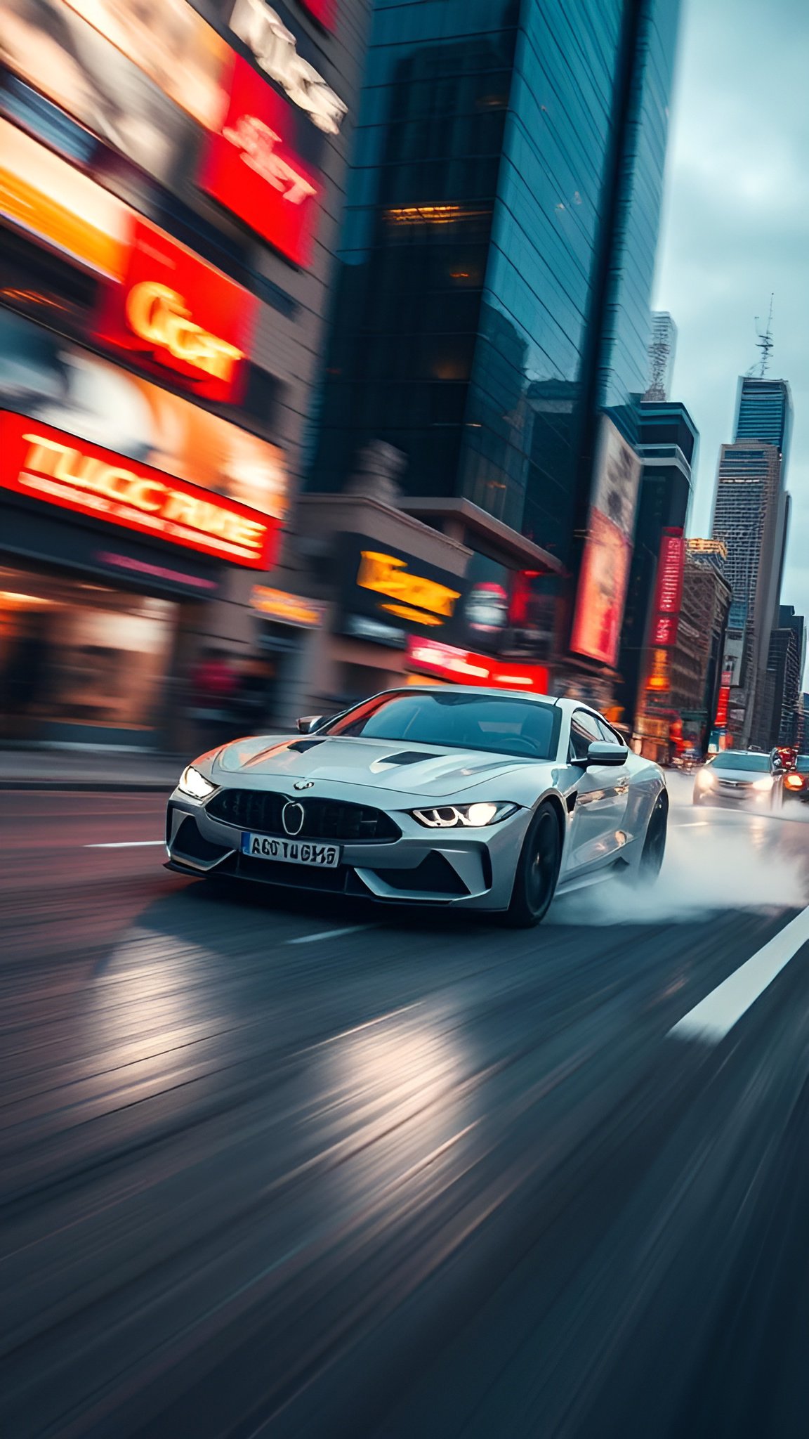 White supercar drifting through neon-lit city street at night with motion blur