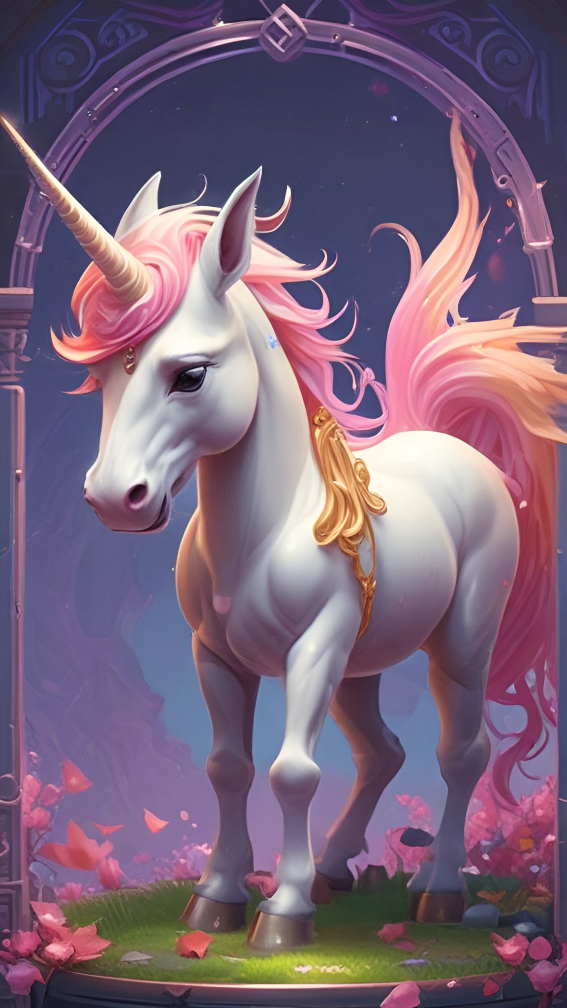 Cartoon painting of a white unicorn with a gold horn and pink mane under a purple arch