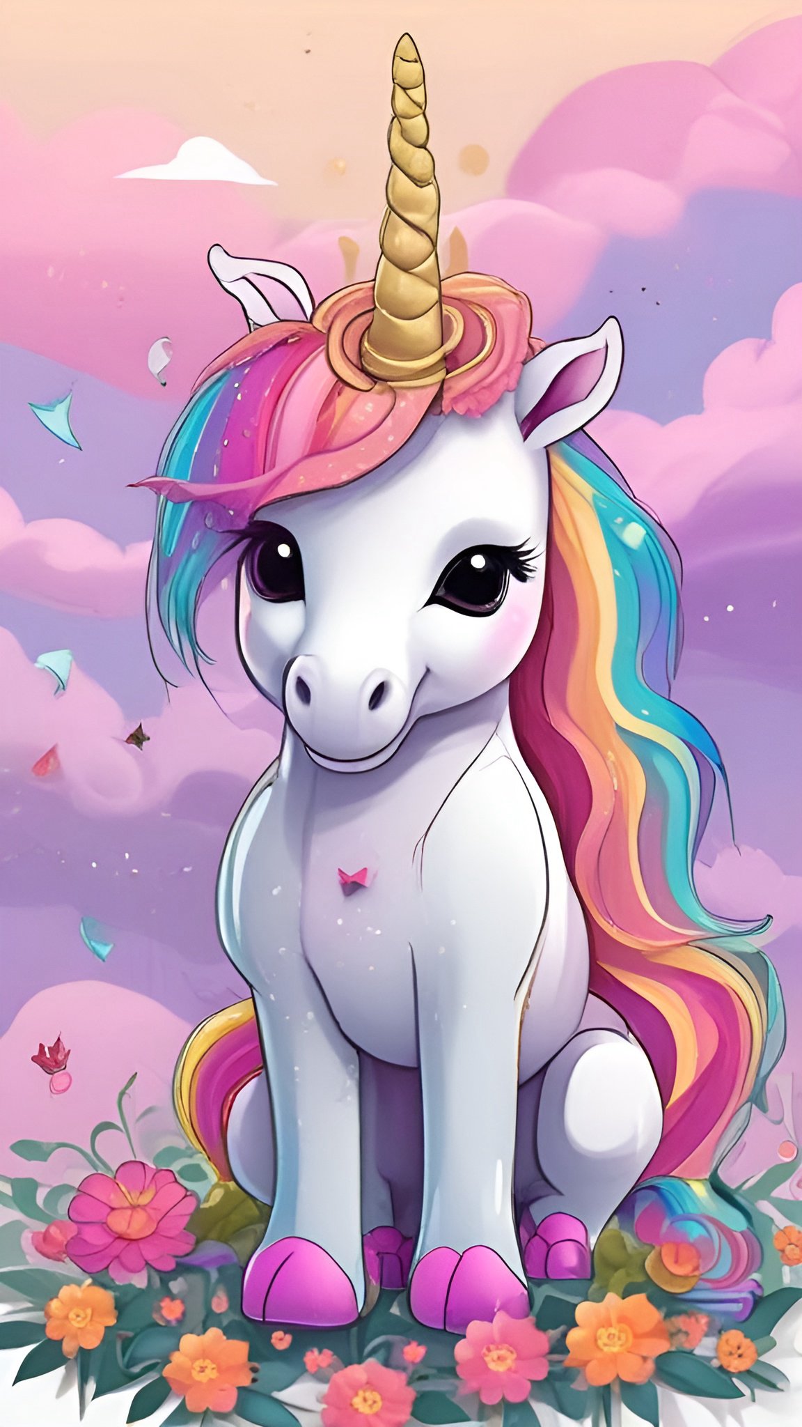 Cartoon of a white unicorn sitting among pink orange and red flowers with a gold spiral horn