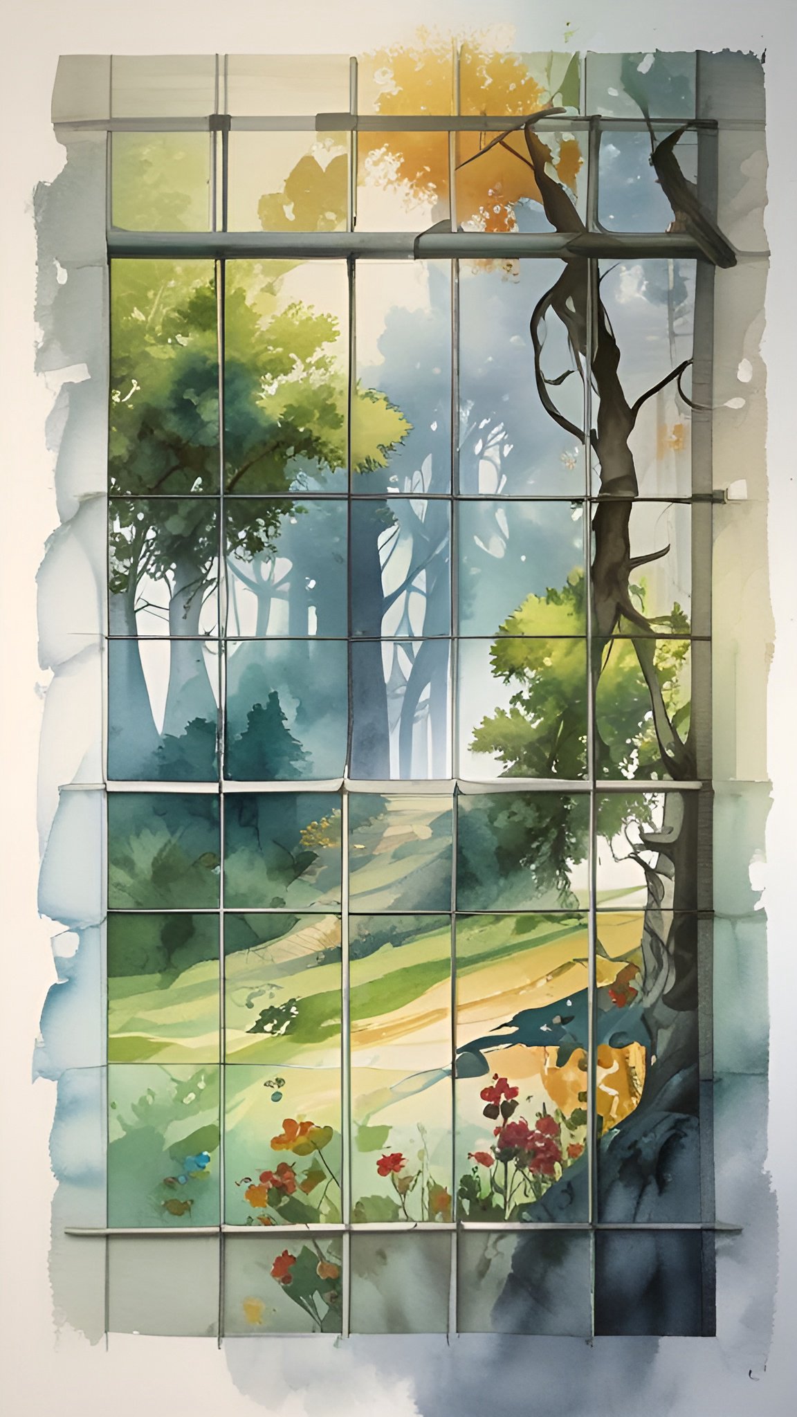 Watercolor of a multi-pane window looking onto a misty forest meadow and red orange wildflowers