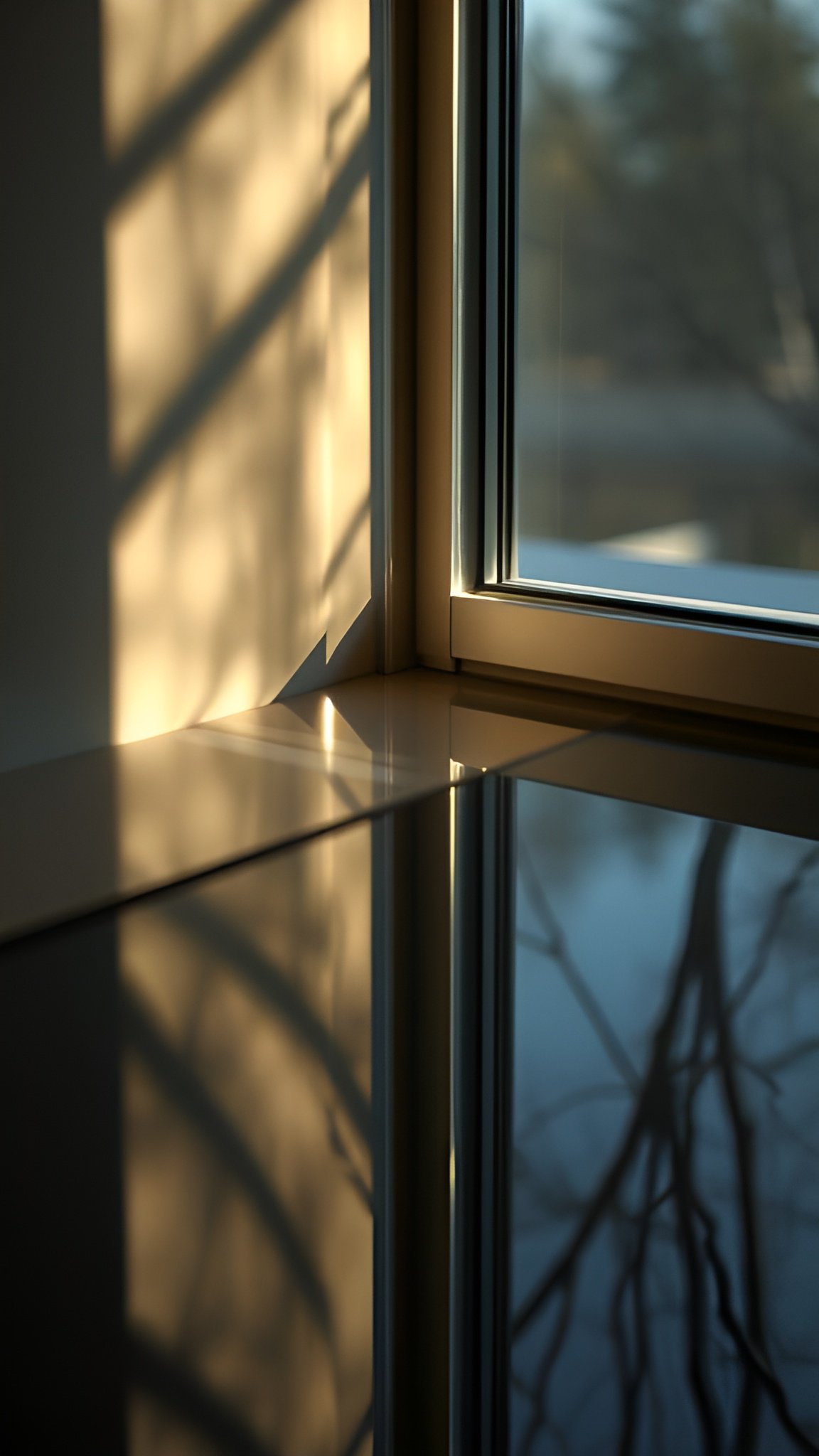 Golden sunlight streaming through window casting tree shadows on reflective sill
