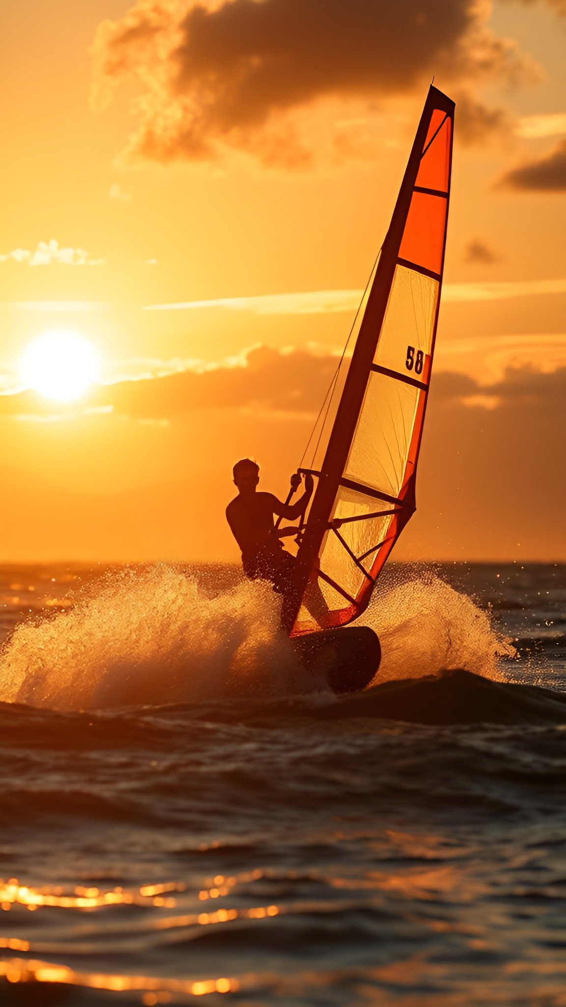 Windsurfer riding waves against blazing orange sunset in golden evening light