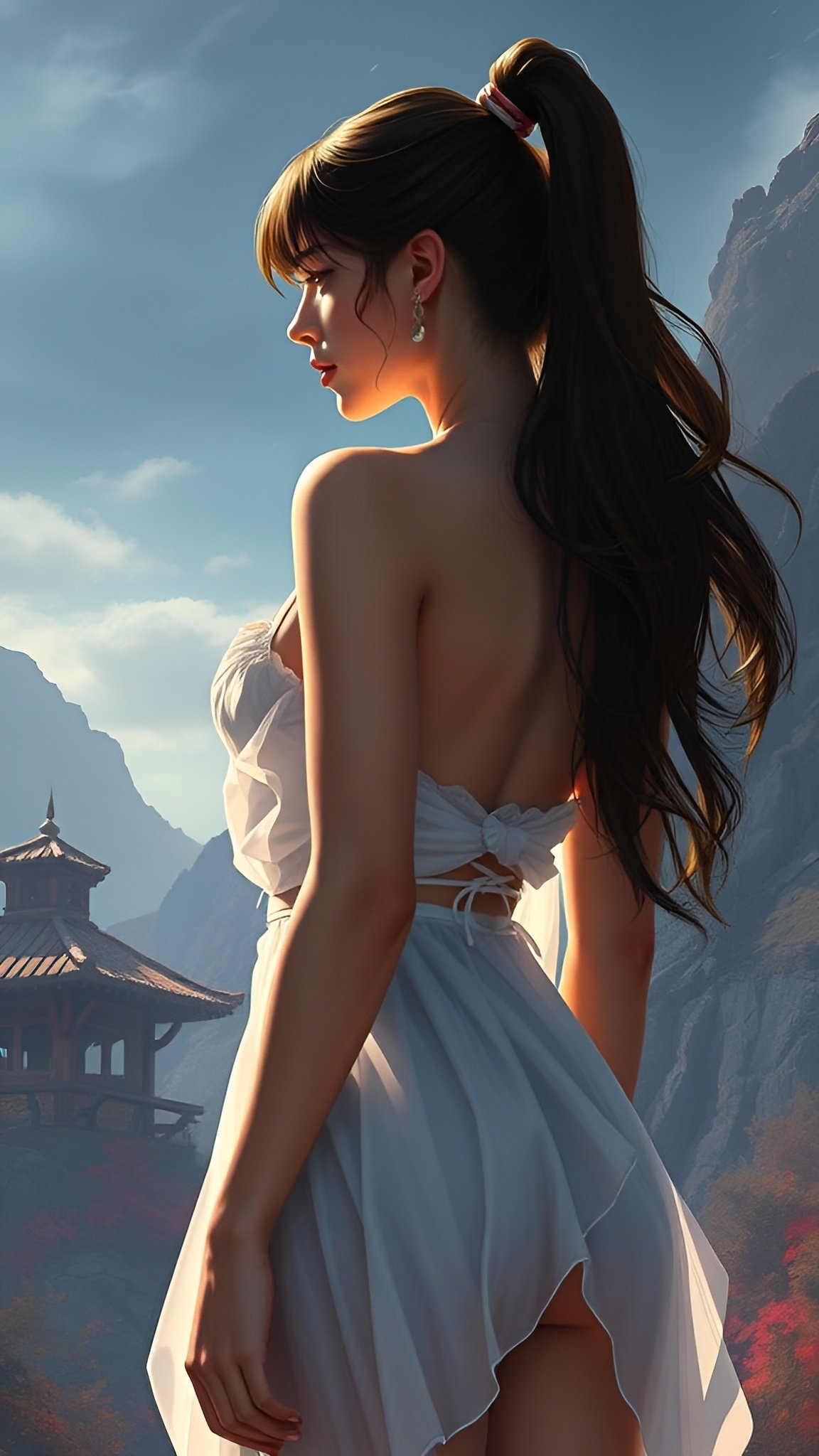 Back view of woman with high ponytail in flowing white dress overlooking mountain temple with red autumn leaves