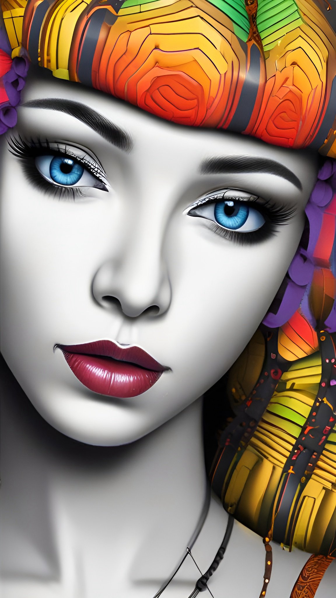 Painting close-up of a woman with blue eyes and dark lipstick in a colorful geometric headdress