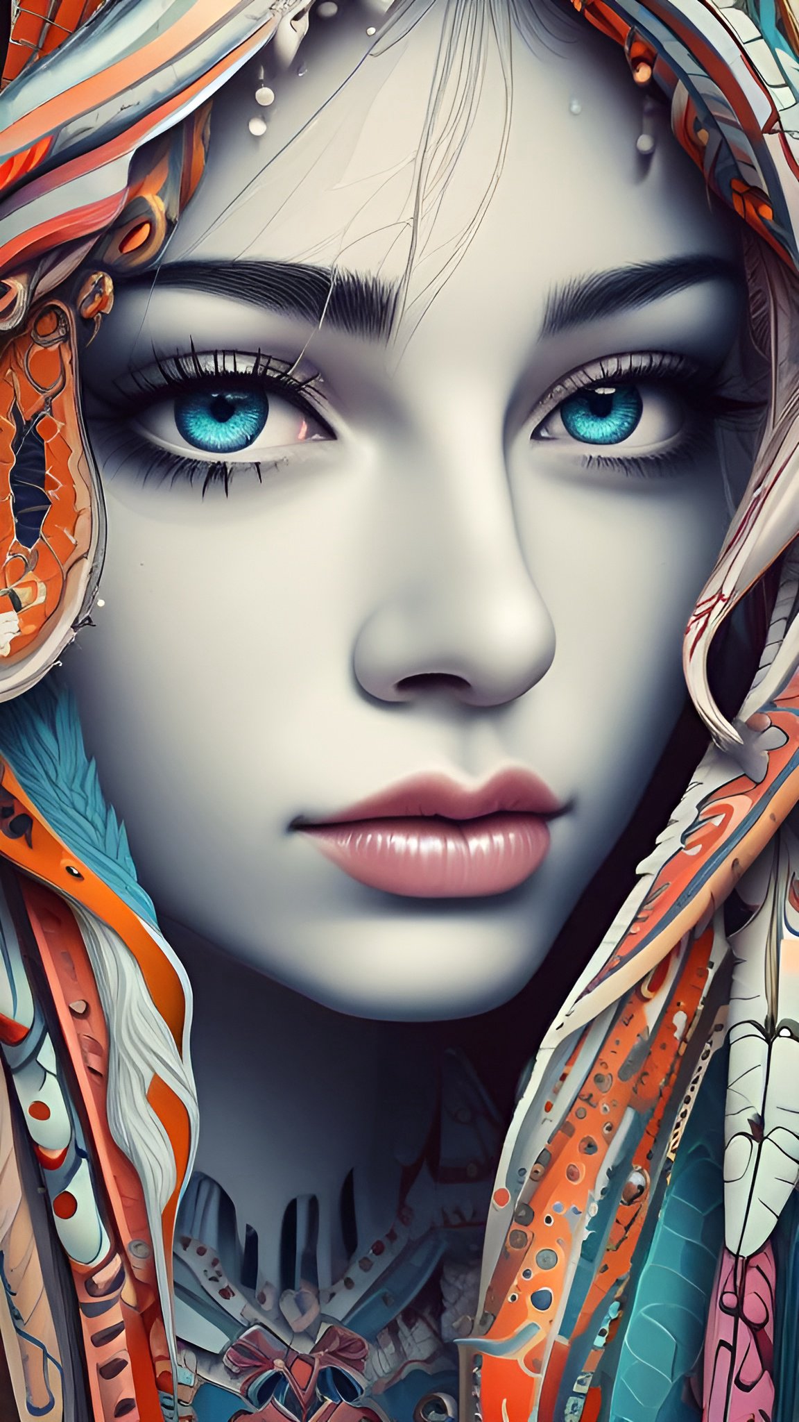 Painting close-up of a woman with bright blue eyes in a colorful orange teal and white hooded wrap