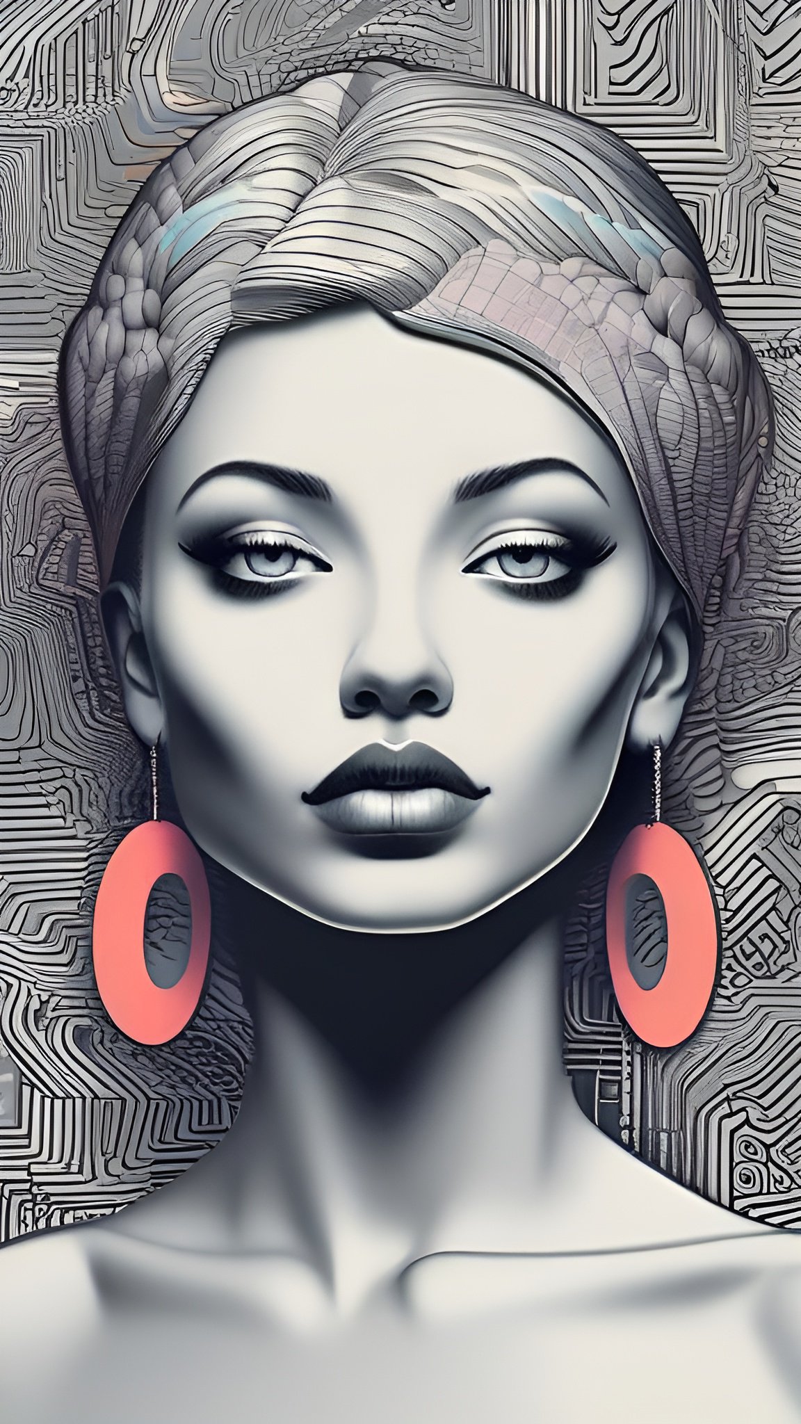 Painting of a woman in a gray close portrait with circuit pattern behind her