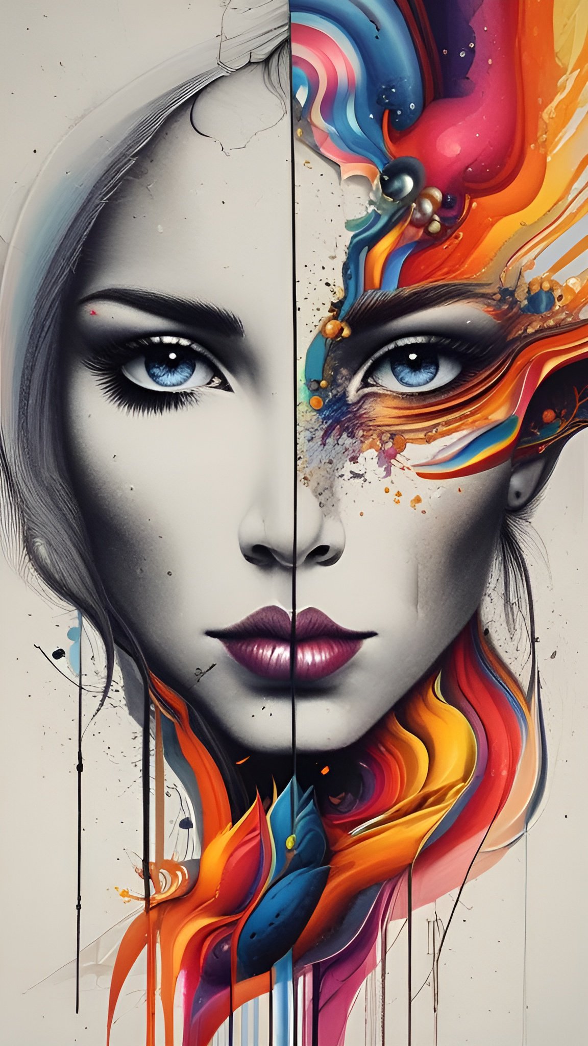 Woman face split with gray realistic side and colorful abstract side