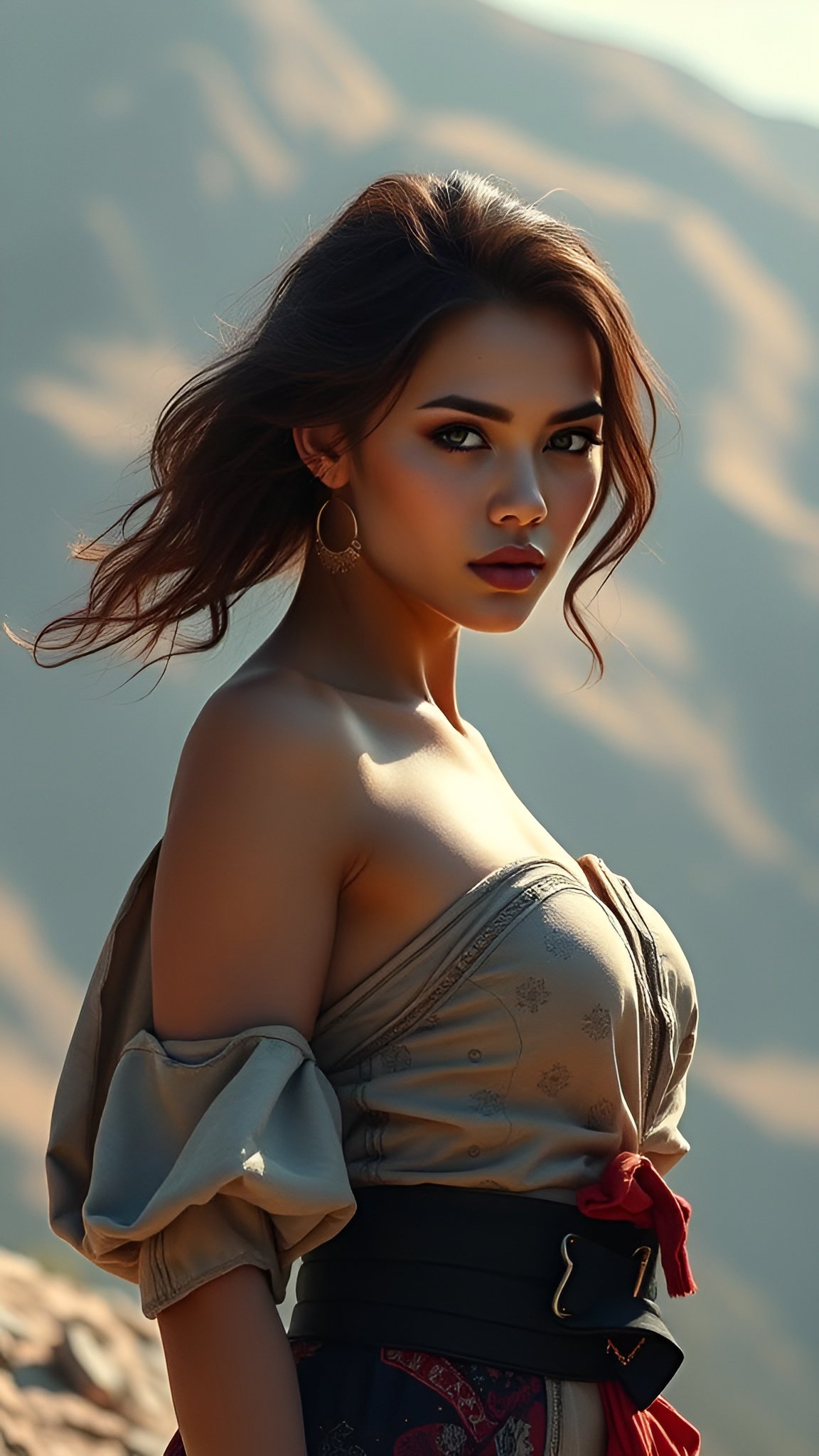 Woman in standing against mountain background with windblown hair