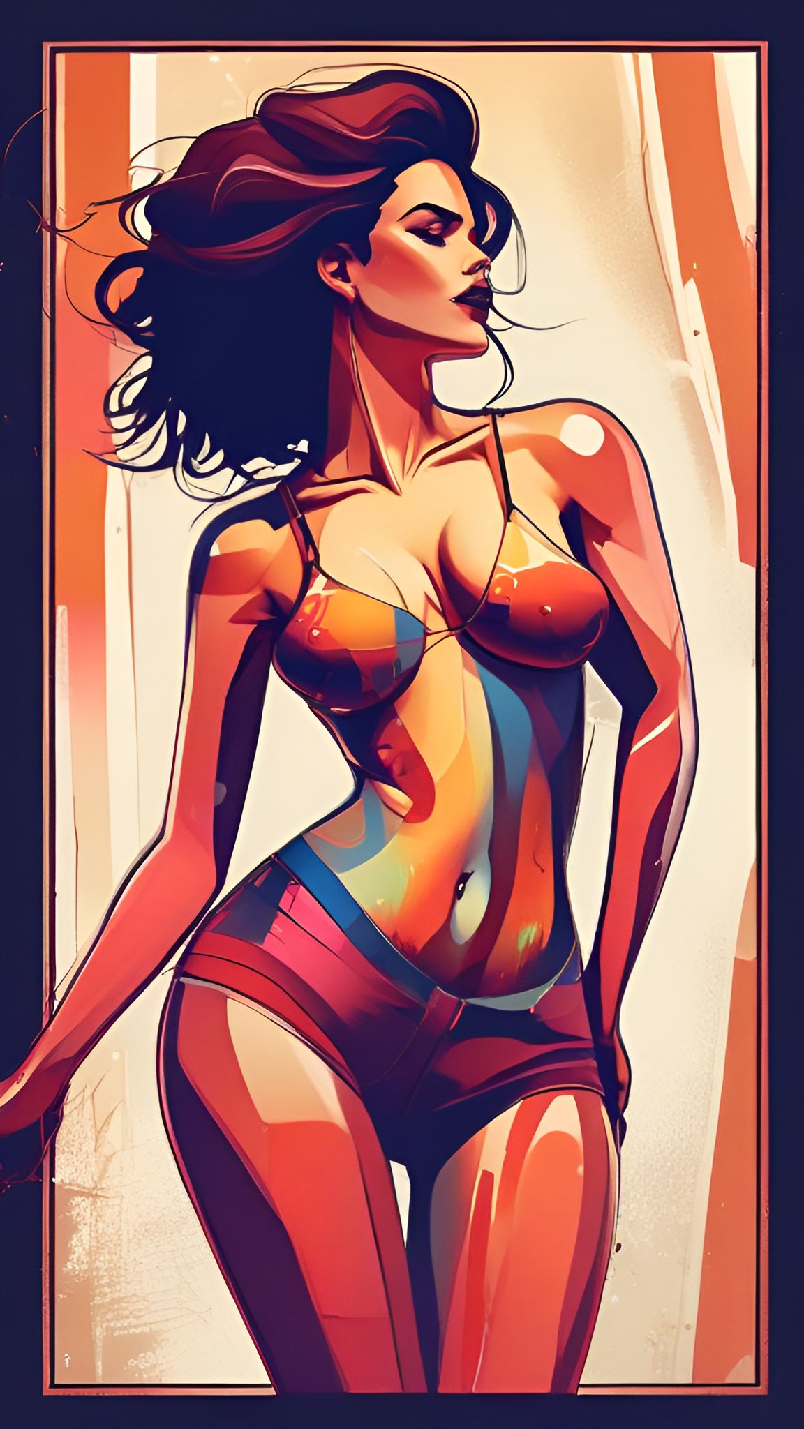 A painting of a woman in an orange camisole and red shorts against a cream and coral panel with a dark frame